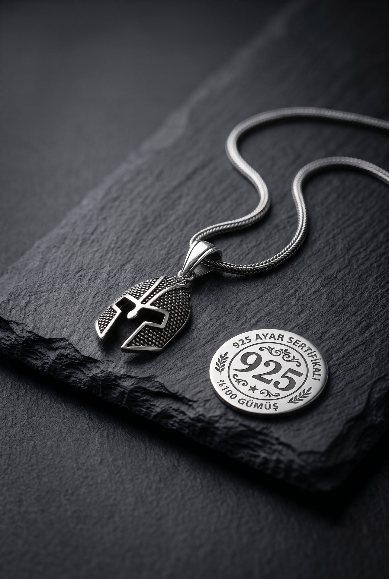 925 Sterling Silver Oxidized Spartan Helmet Pendant Foxtail Chain Necklace for Men