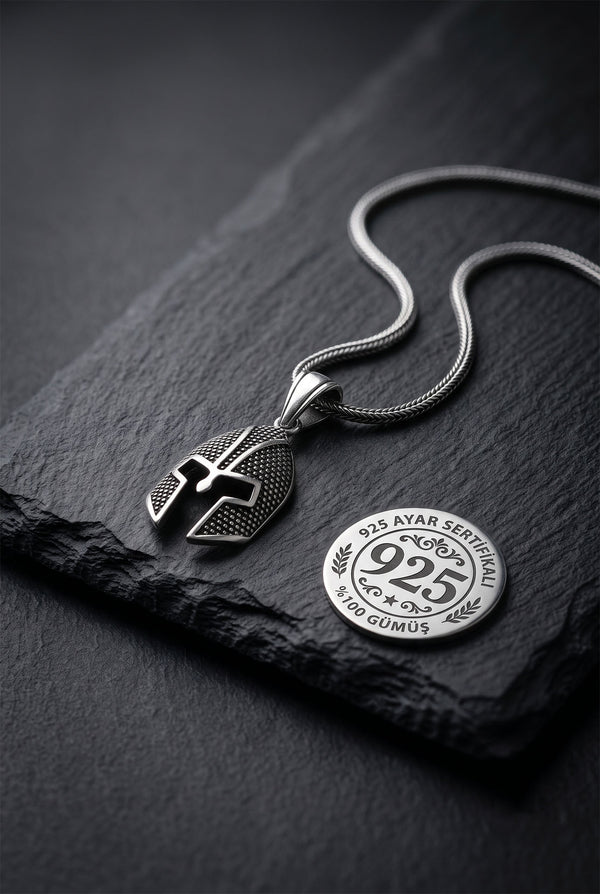 925 Sterling Silver Oxidized Spartan Helmet Pendant Foxtail Chain Necklace for Men