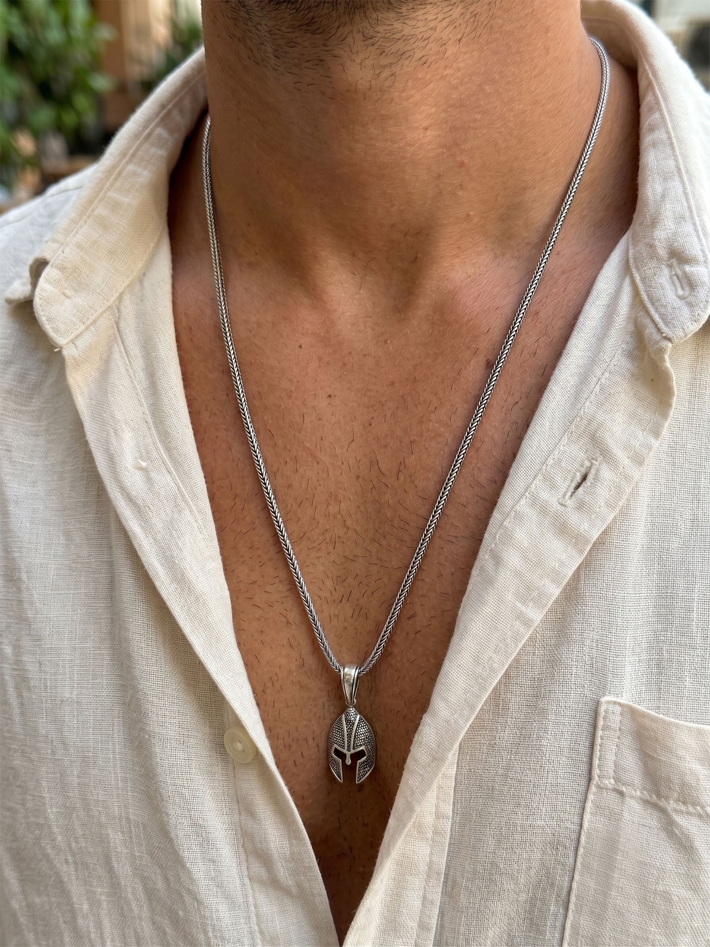 925 Sterling Silver Oxidized Spartan Helmet Pendant Foxtail Chain Necklace for Men