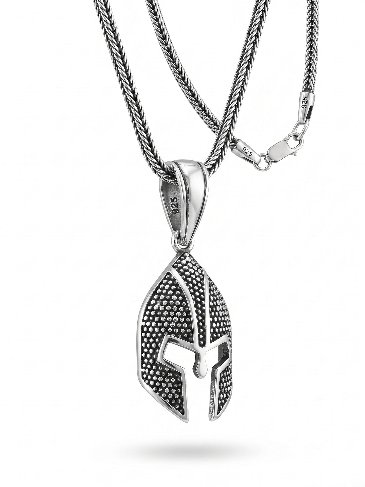 925 Sterling Silver Oxidized Spartan Helmet Pendant Foxtail Chain Necklace for Men