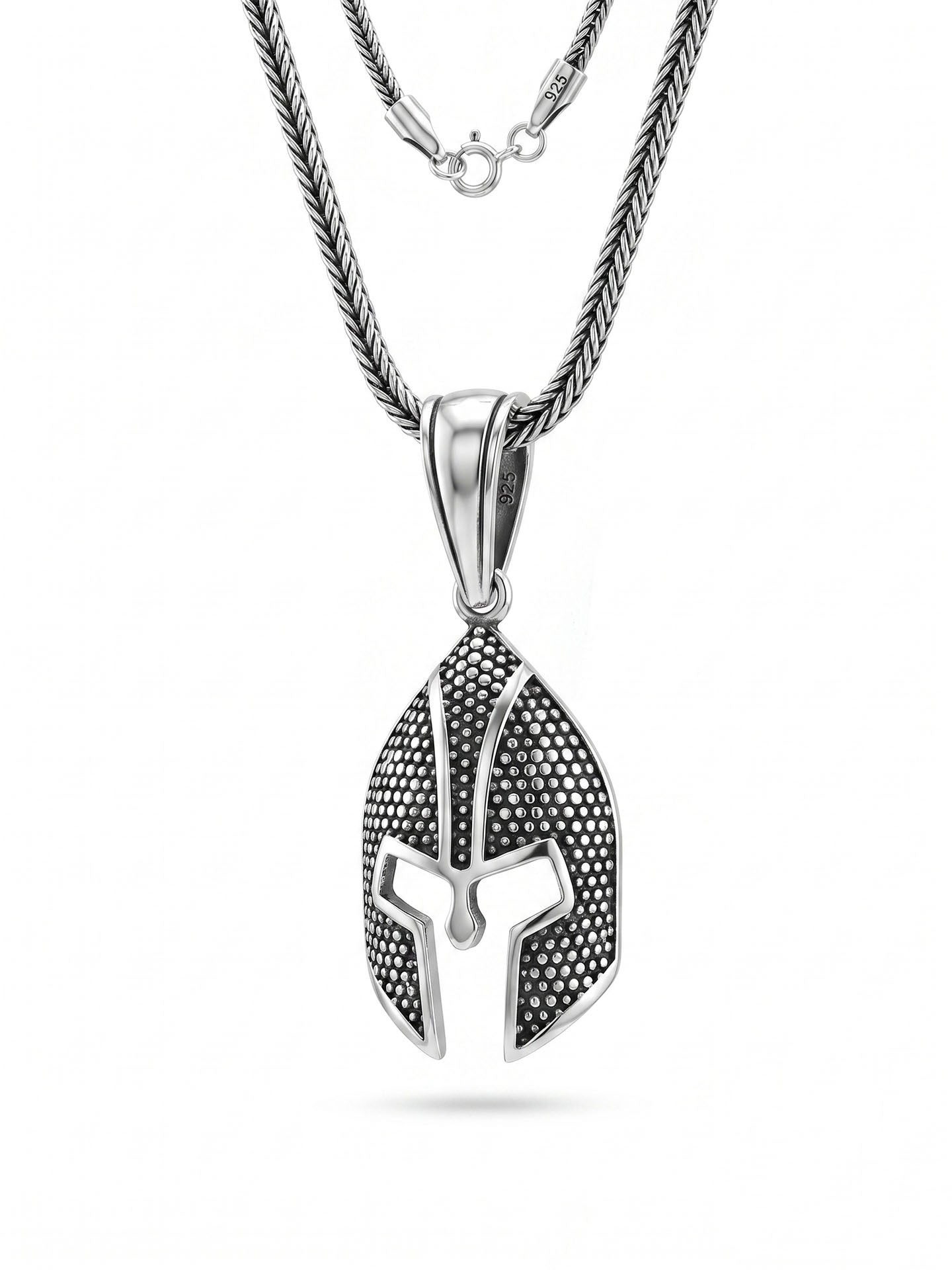 925 Sterling Silver Oxidized Spartan Helmet Pendant Foxtail Chain Necklace for Men