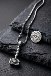 925 Sterling Silver Oxidized Mjolnir Thor's Hammer with Kolovrat Symbol Woven Chain Necklace for Men