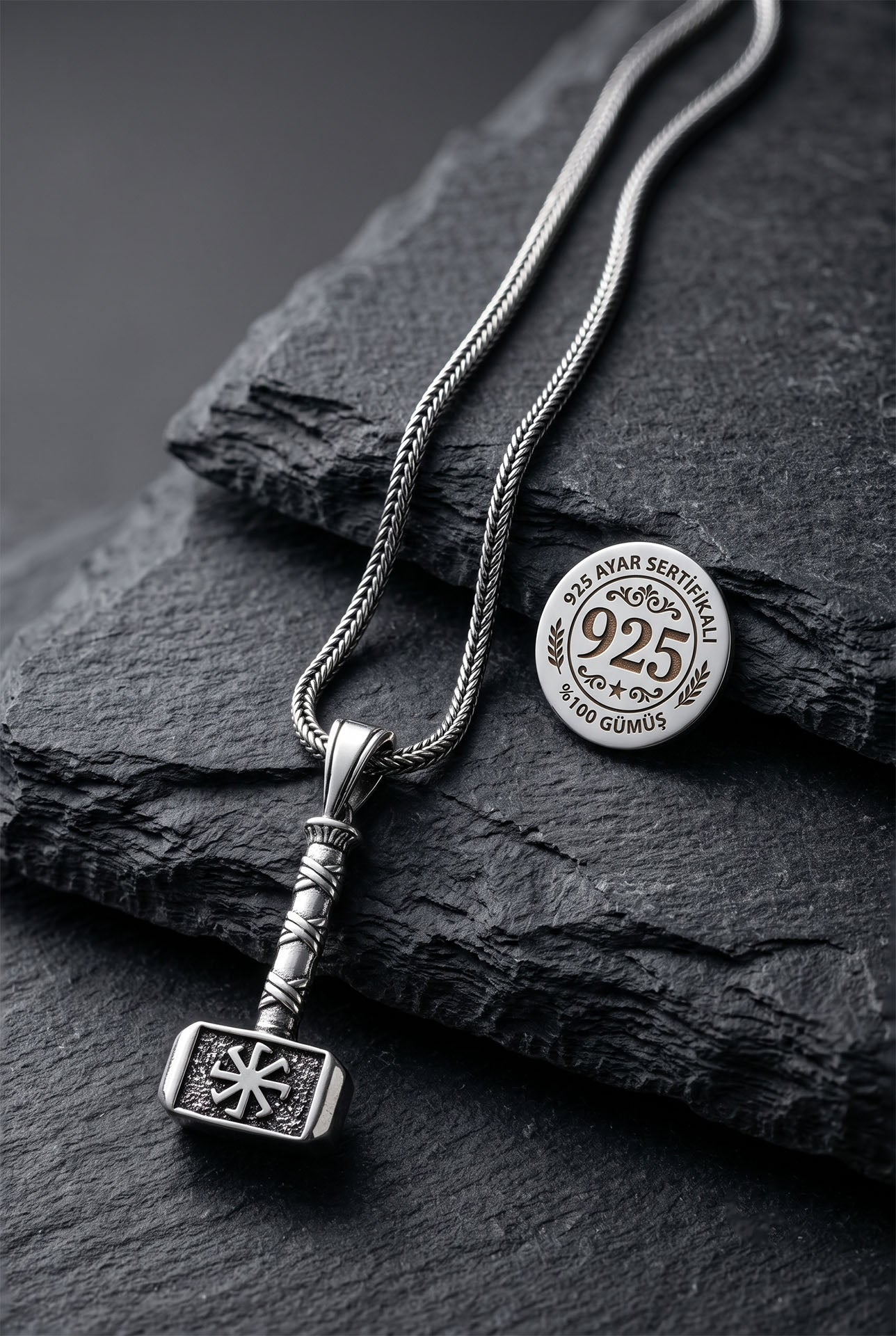 925 Sterling Silver Oxidized Mjolnir Thor's Hammer with Kolovrat Symbol Woven Chain Necklace for Men
