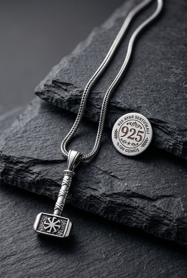925 Sterling Silver Oxidized Mjolnir Thor's Hammer with Kolovrat Symbol Woven Chain Necklace for Men