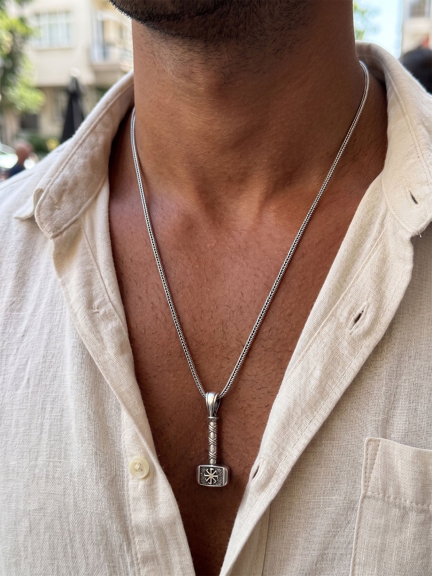 925 Sterling Silver Oxidized Mjolnir Thor's Hammer with Kolovrat Symbol Woven Chain Necklace for Men