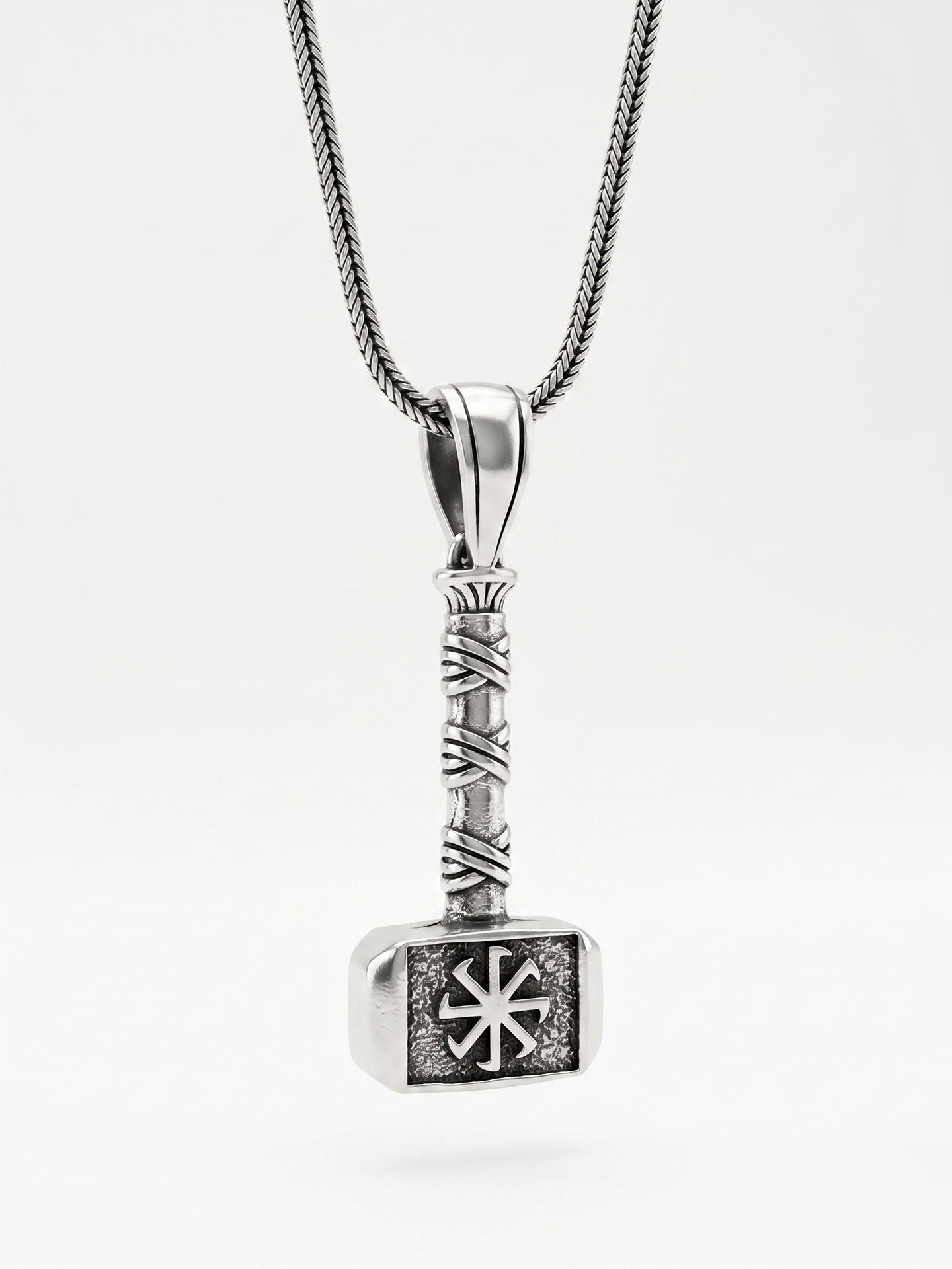 925 Sterling Silver Oxidized Mjolnir Thor's Hammer with Kolovrat Symbol Woven Chain Necklace for Men