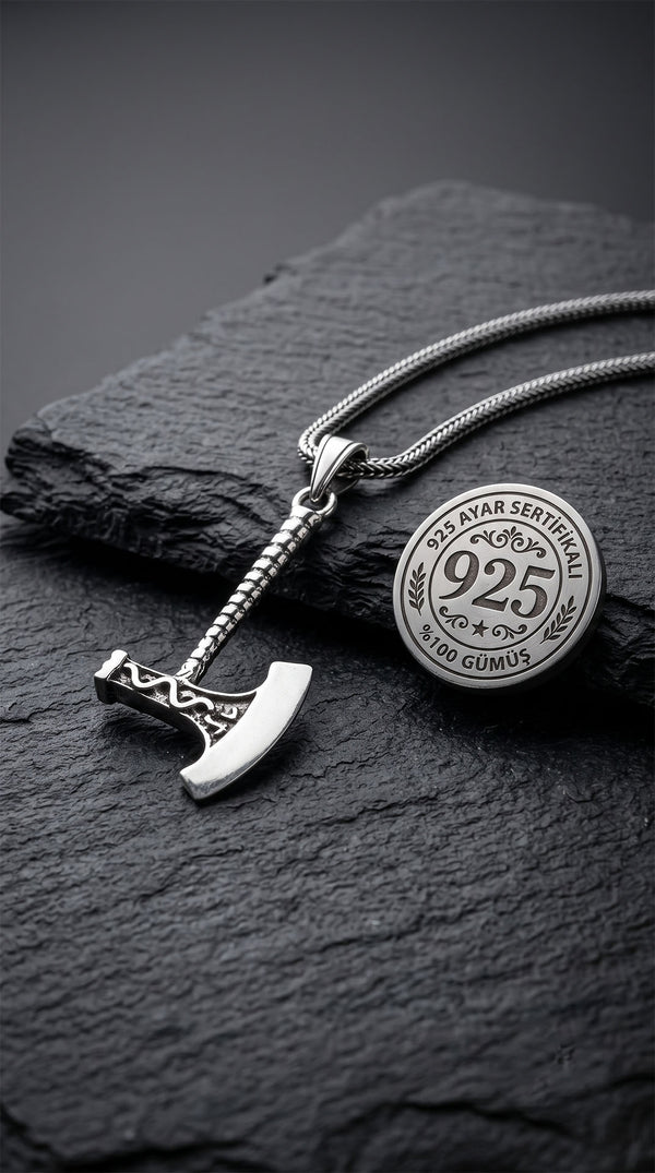 925 Sterling Silver Oxidized Viking Axe Pendant Foxtail Chain Necklace for Men