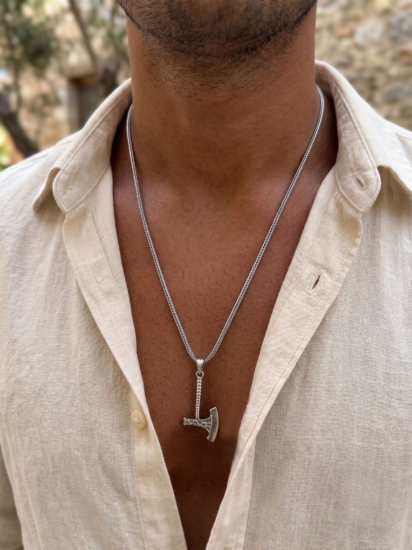 925 Sterling Silver Oxidized Viking Axe Pendant Foxtail Chain Necklace for Men