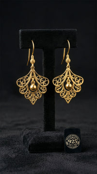 Traditional Handmade Filigree Gold Peacock Feather Hook Earrings Silver