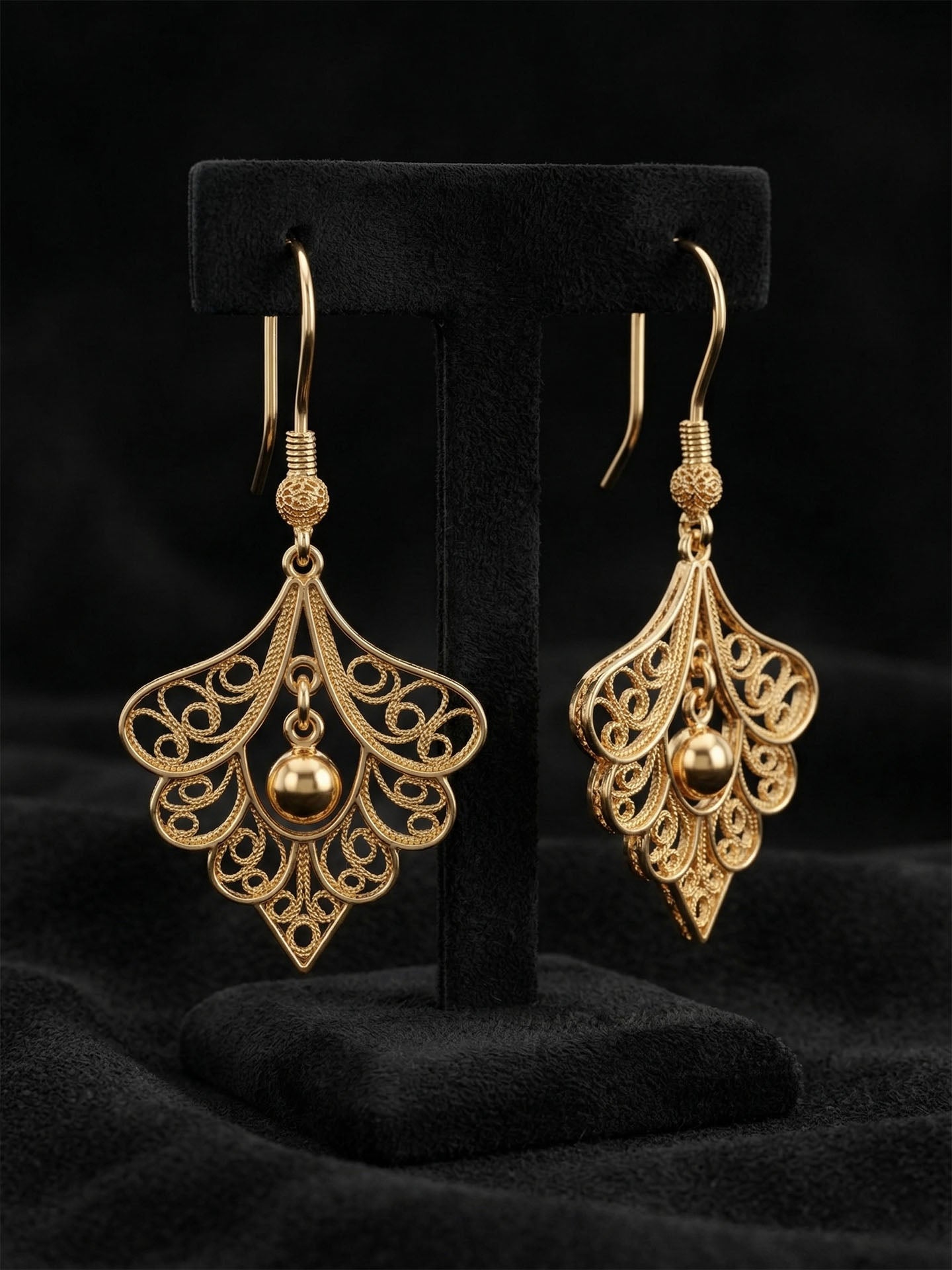 Traditional Handmade Filigree Gold Peacock Feather Hook Earrings Silver