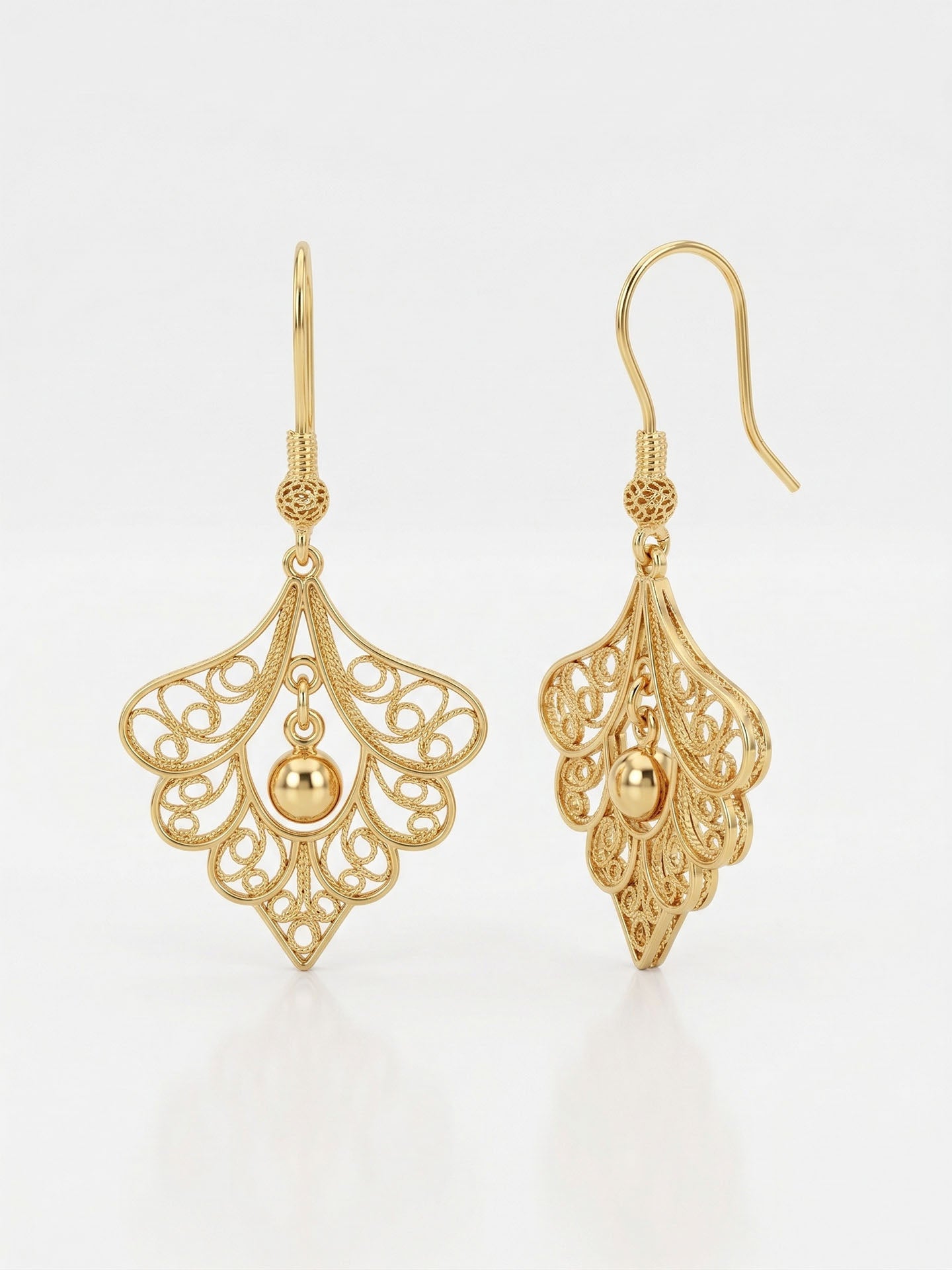 Traditional Handmade Filigree Gold Peacock Feather Hook Earrings Silver