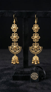925 Sterling Silver Traditional Filigree Gold Plated Flower Motif Cluster Bell Dangle Earrings