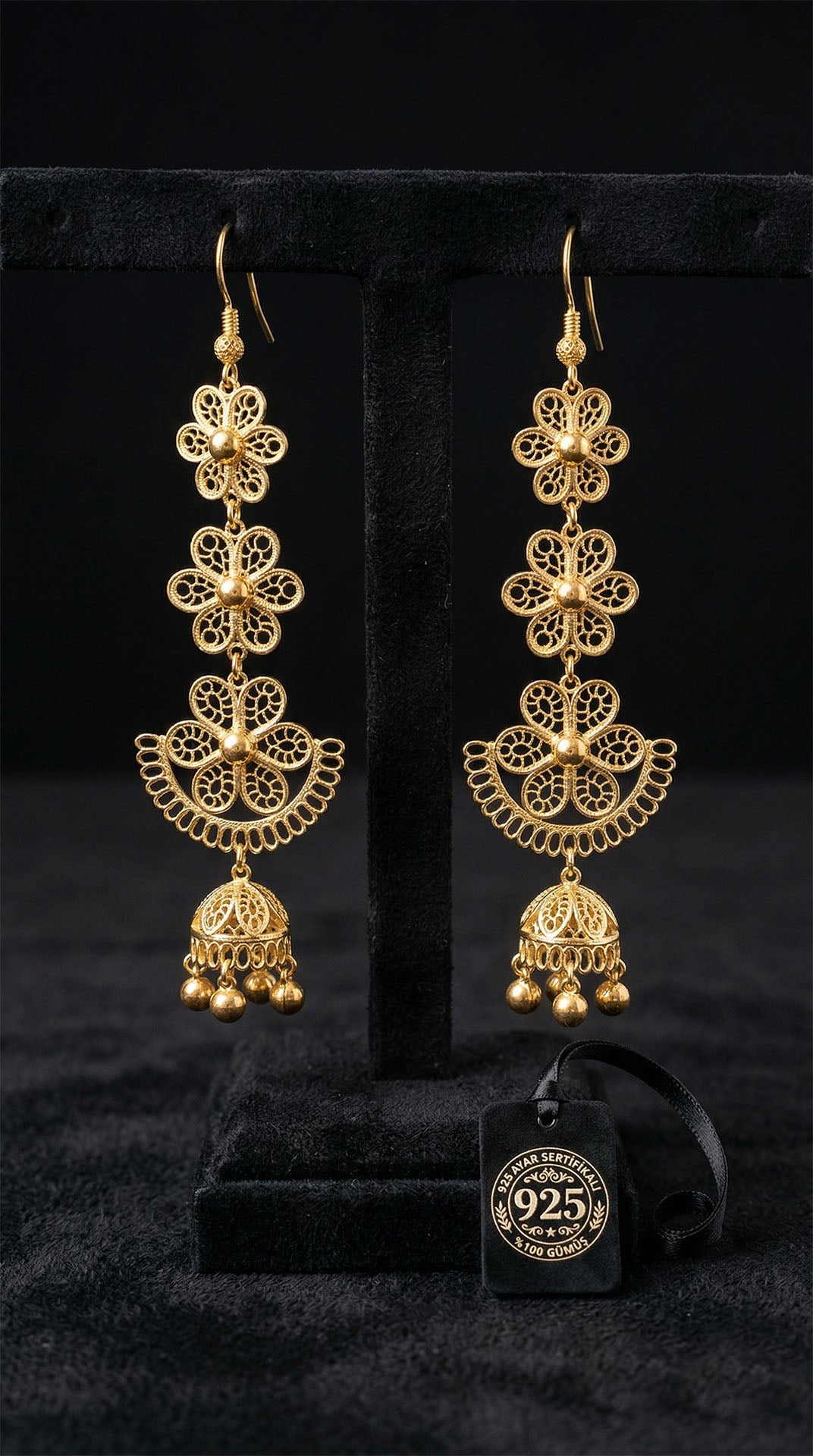 925 Sterling Silver Traditional Filigree Gold Plated Flower Motif Cluster Bell Dangle Earrings