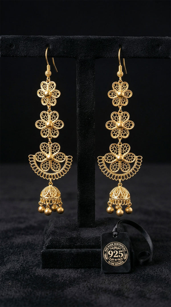 925 Sterling Silver Traditional Filigree Gold Plated Flower Motif Cluster Bell Dangle Earrings