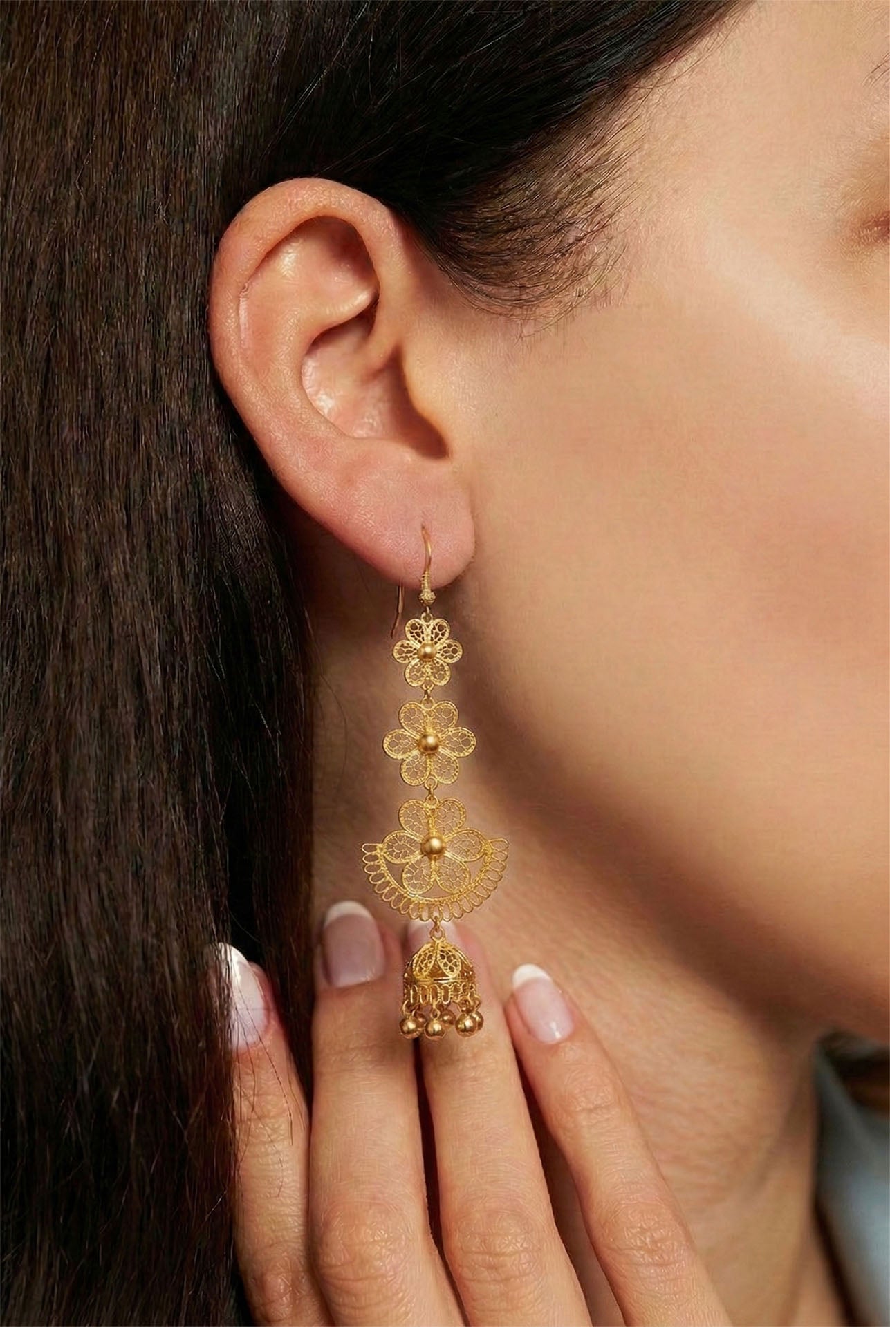 Traditional Handmade Filigree Flower Motif Cluster Bell Dangle Earrings Gold Plated Silver