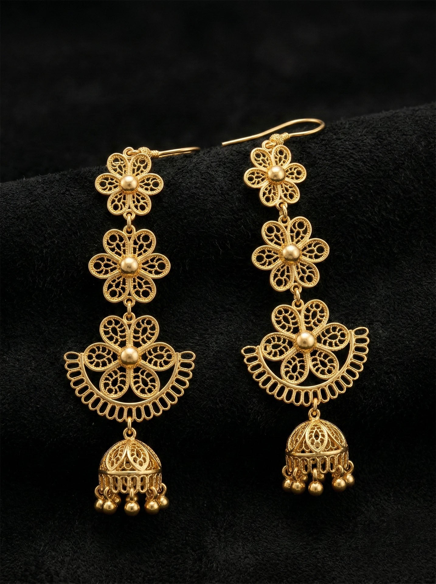 Traditional Handmade Filigree Flower Motif Cluster Bell Dangle Earrings Gold Plated Silver