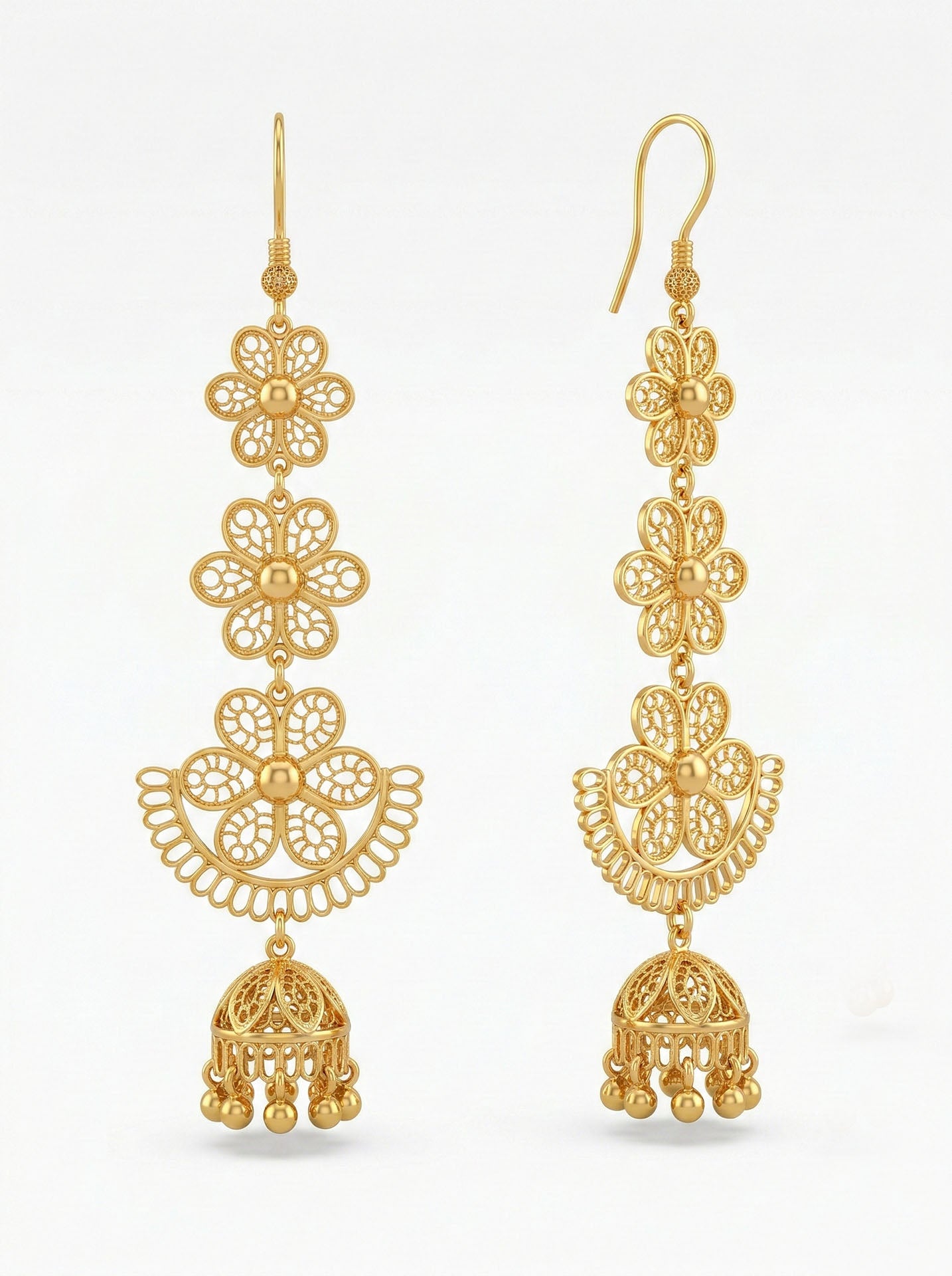 Traditional Handmade Filigree Flower Motif Cluster Bell Dangle Earrings Gold Plated Silver