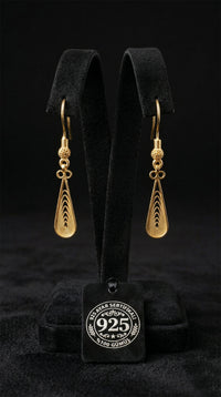 Traditional Handmade Filigree Drop Motif Minimalist Hook Earrings Gold Plated Silver