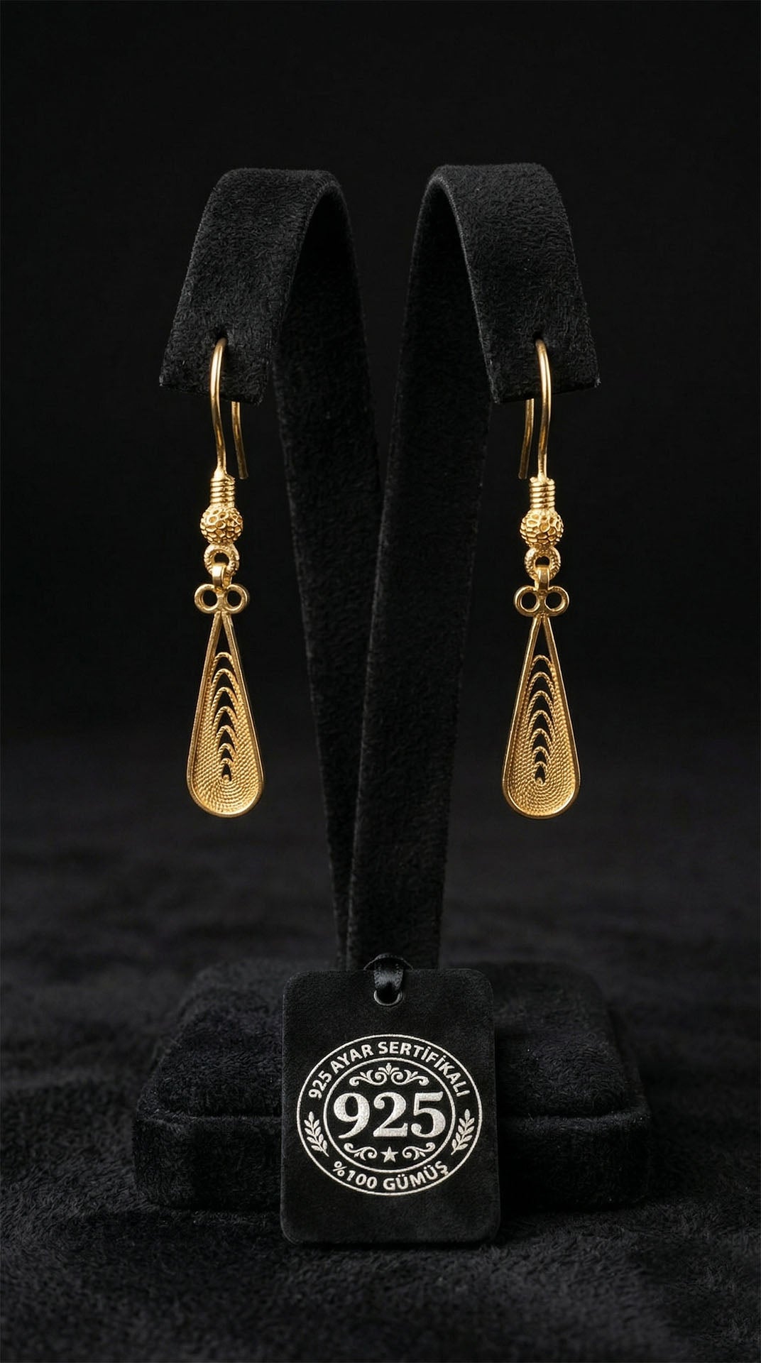 Traditional Handmade Filigree Drop Motif Minimalist Hook Earrings Gold Plated Silver