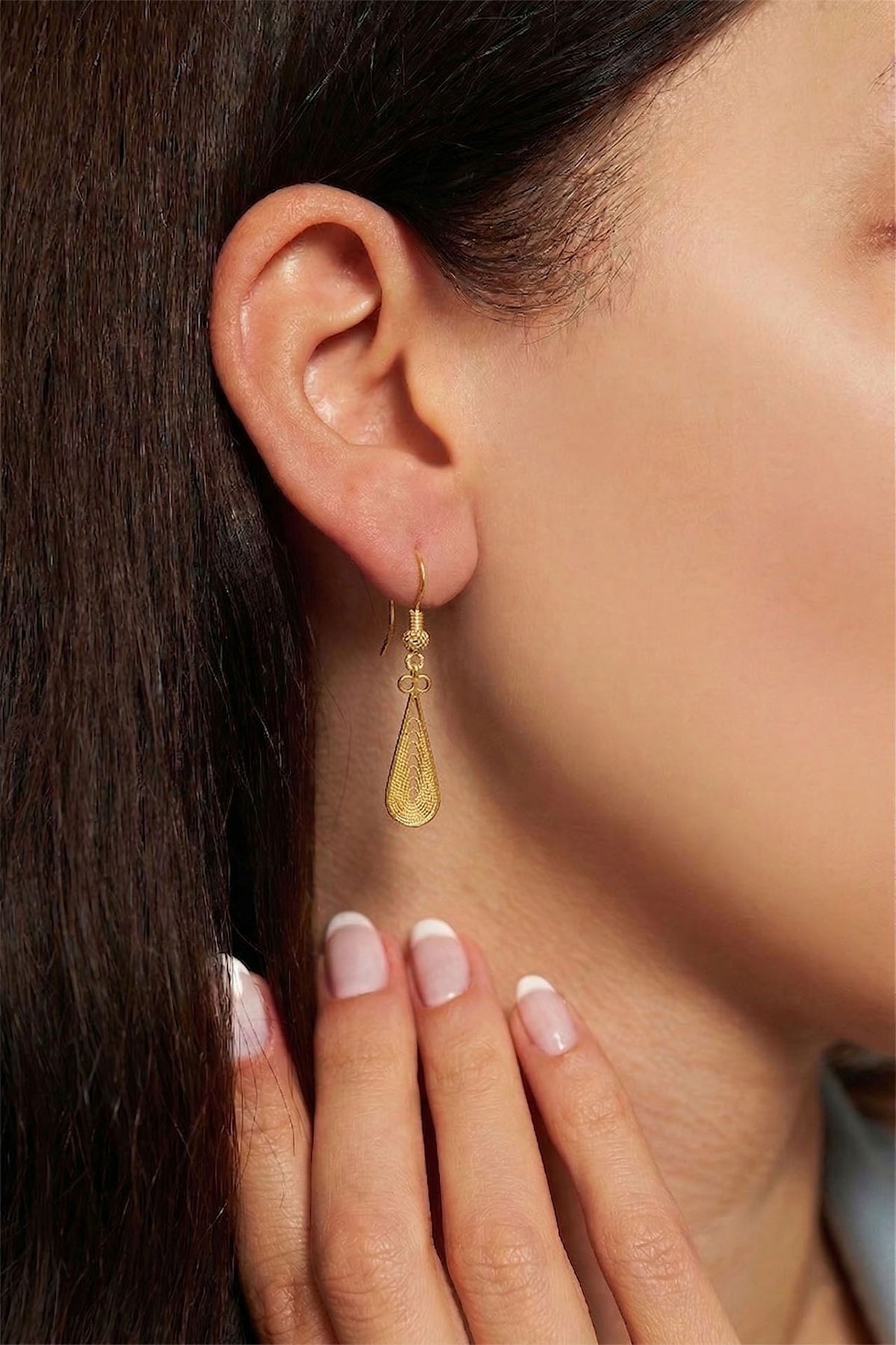 Gold Filigree Teardrop Drop Earrings in 925 sterling silver - view 2