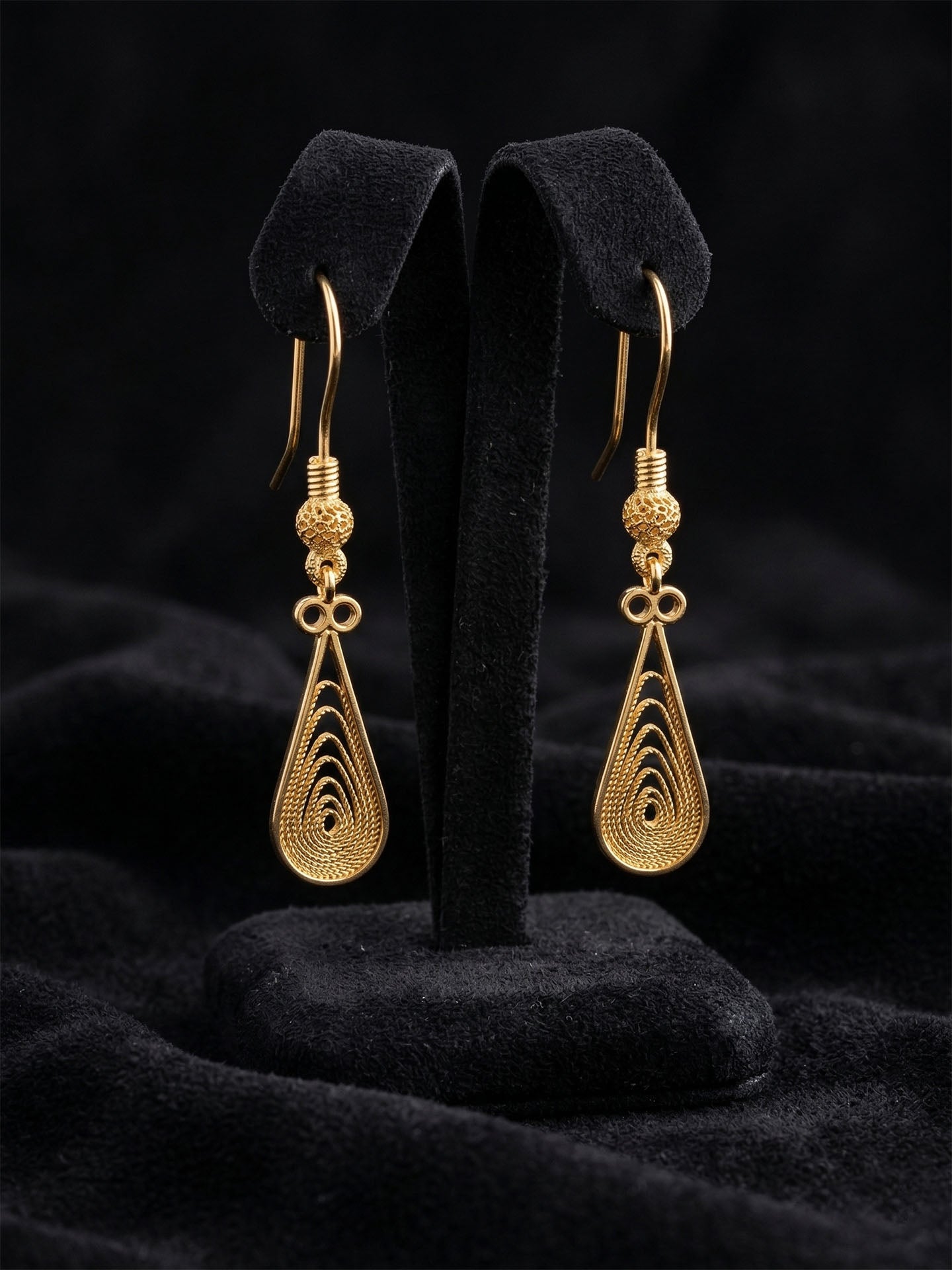 Traditional Handmade Filigree Drop Motif Minimalist Hook Earrings Gold Plated Silver