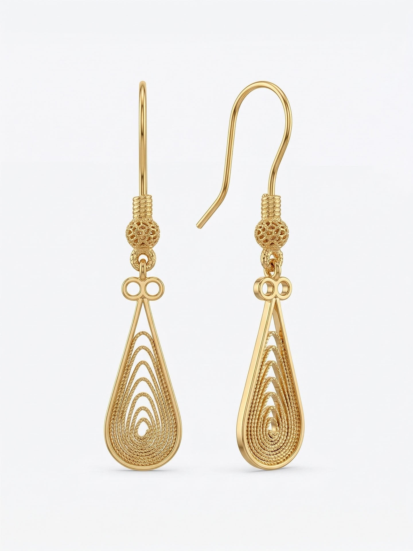 Traditional Handmade Filigree Drop Motif Minimalist Hook Earrings Gold Plated Silver