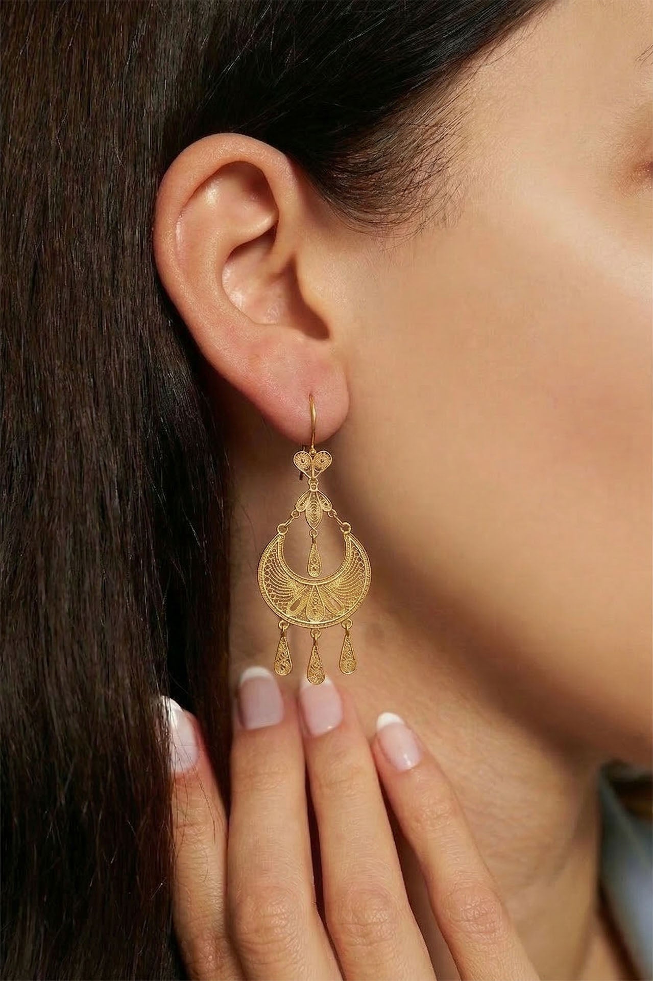 Traditional Handmade Filigree Statement Syriac Crescent Earrings Gold Plated Silver