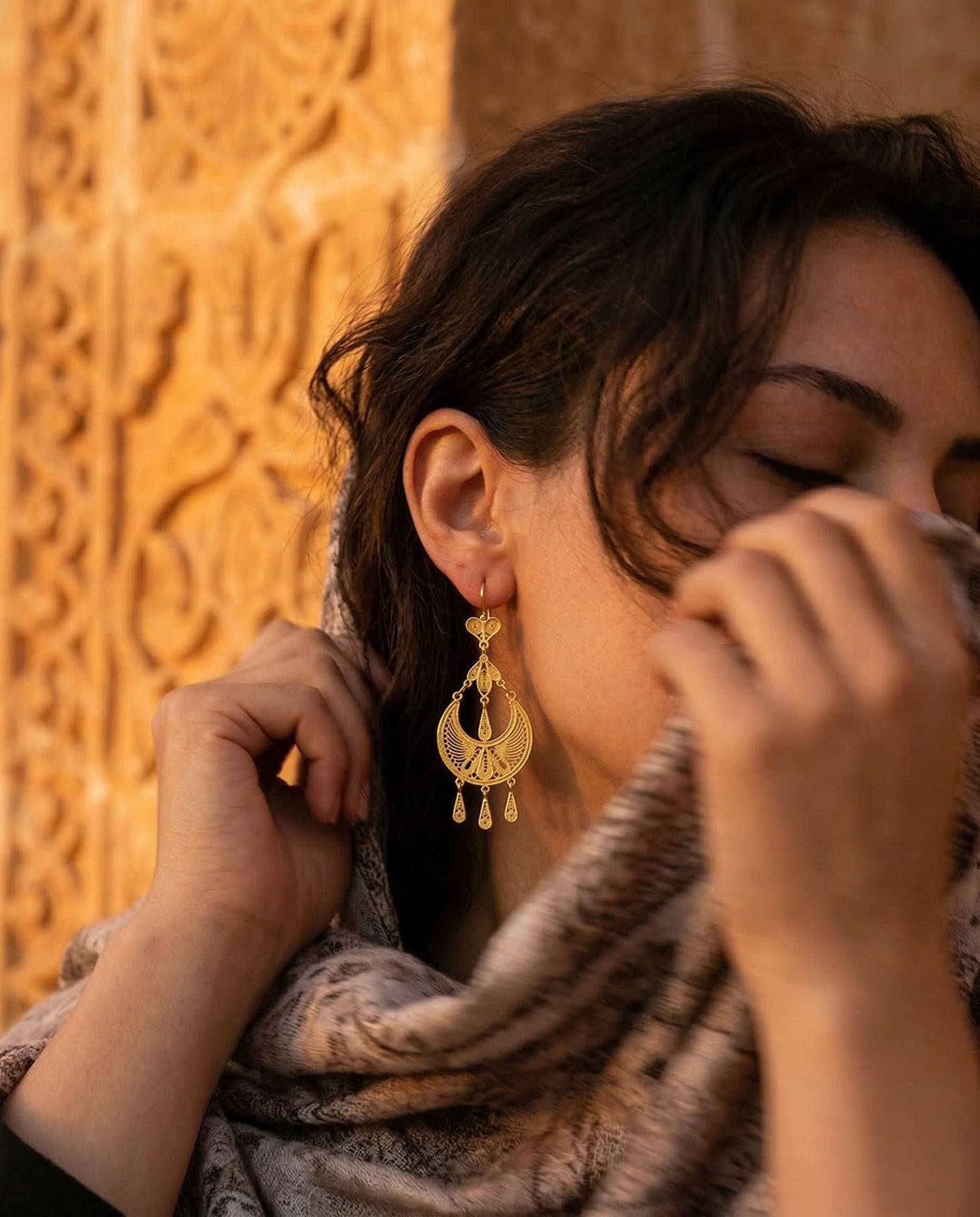 Traditional Handmade Filigree Statement Syriac Crescent Earrings Gold Plated Silver