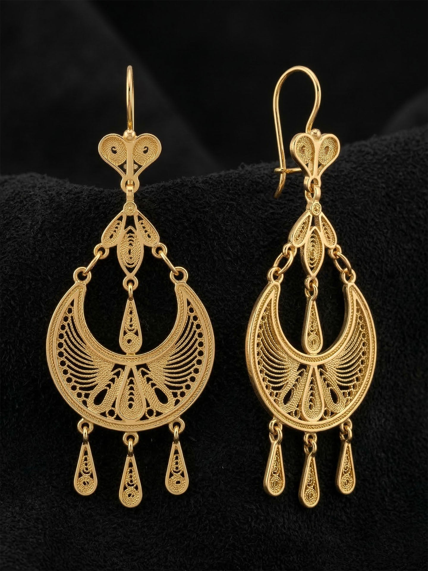 Traditional Handmade Filigree Statement Syriac Crescent Earrings Gold Plated Silver