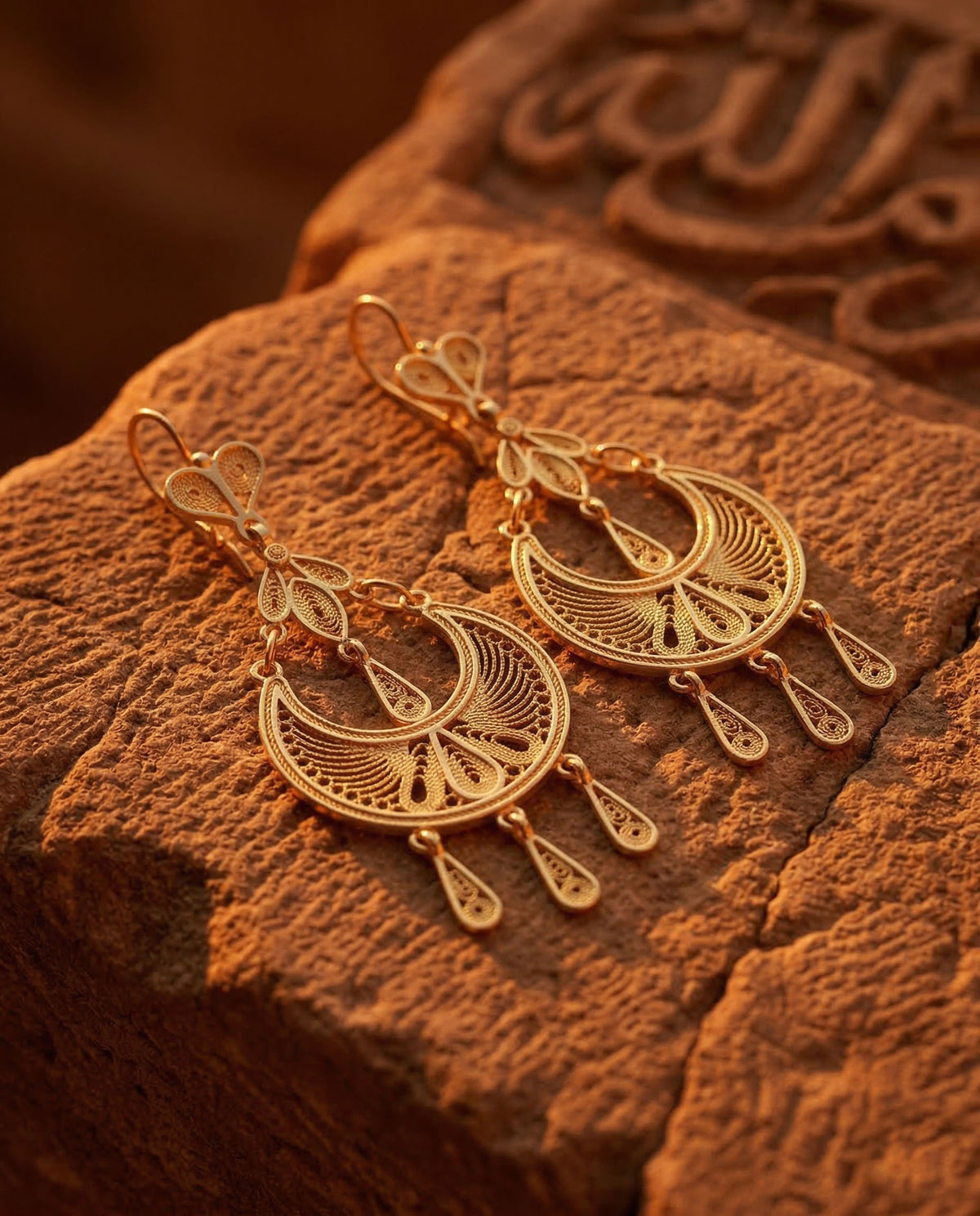Gold Filigree Statement Syriac Crescent Drops in 925 sterling silver - view 5