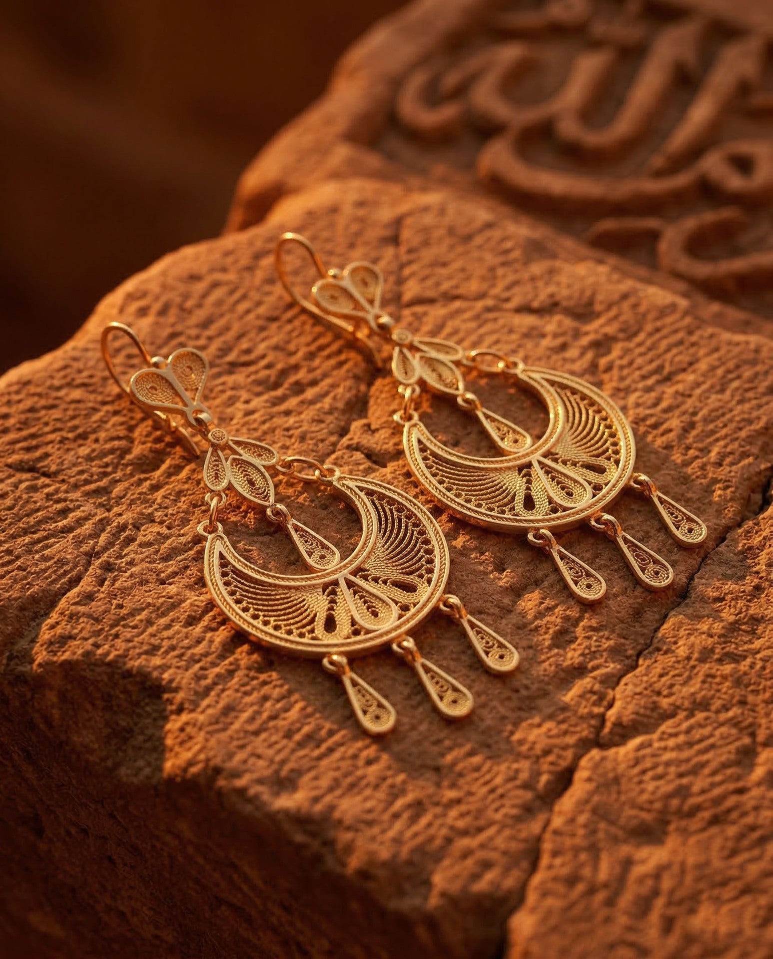 Traditional Handmade Filigree Statement Syriac Crescent Earrings Gold Plated Silver