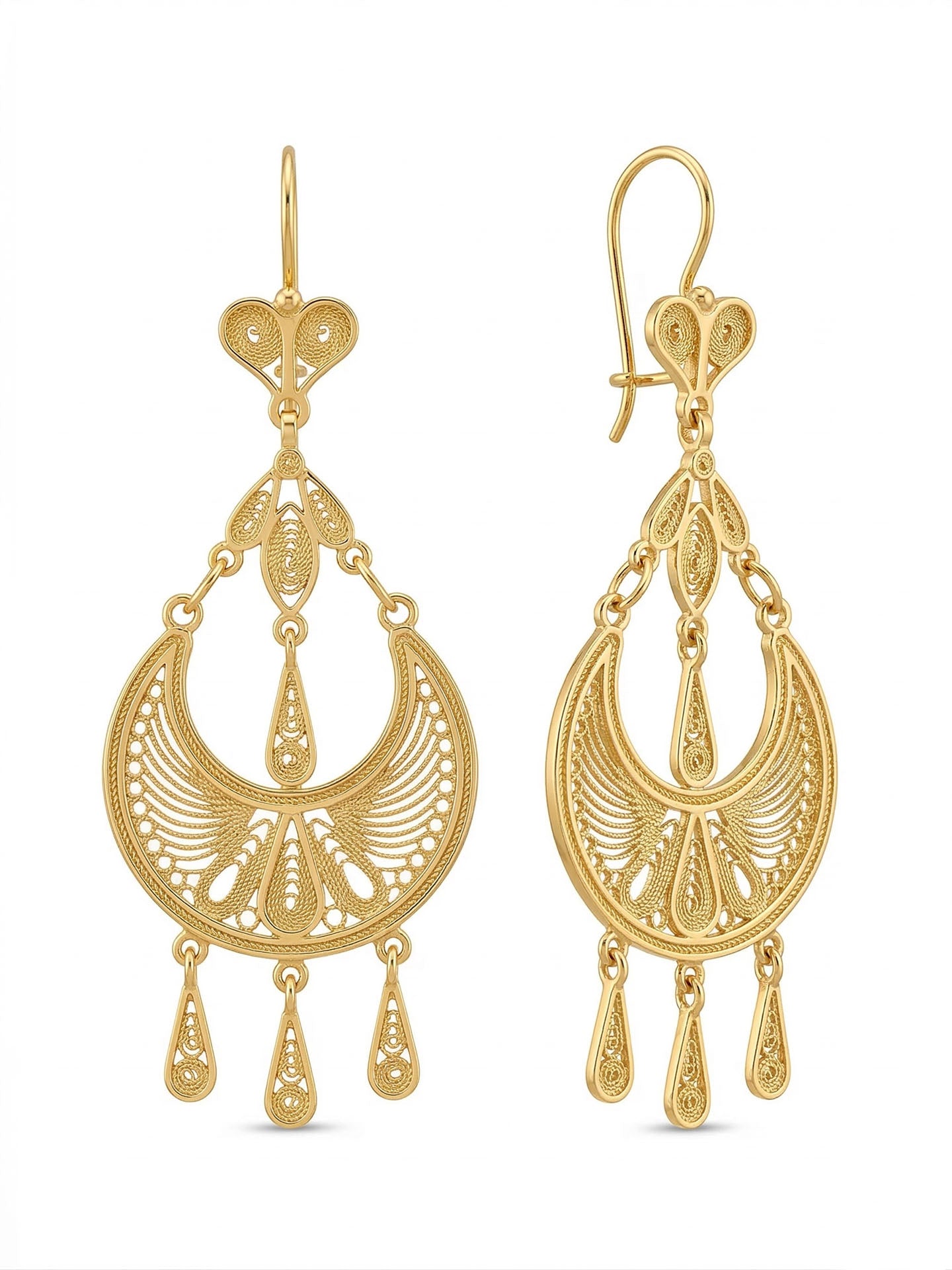Traditional Handmade Filigree Statement Syriac Crescent Earrings Gold Plated Silver