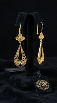 925 Sterling Silver Traditional Filigree Gold Plated Sapphire Stone Tulip Motif Teardrop Drop Earrings