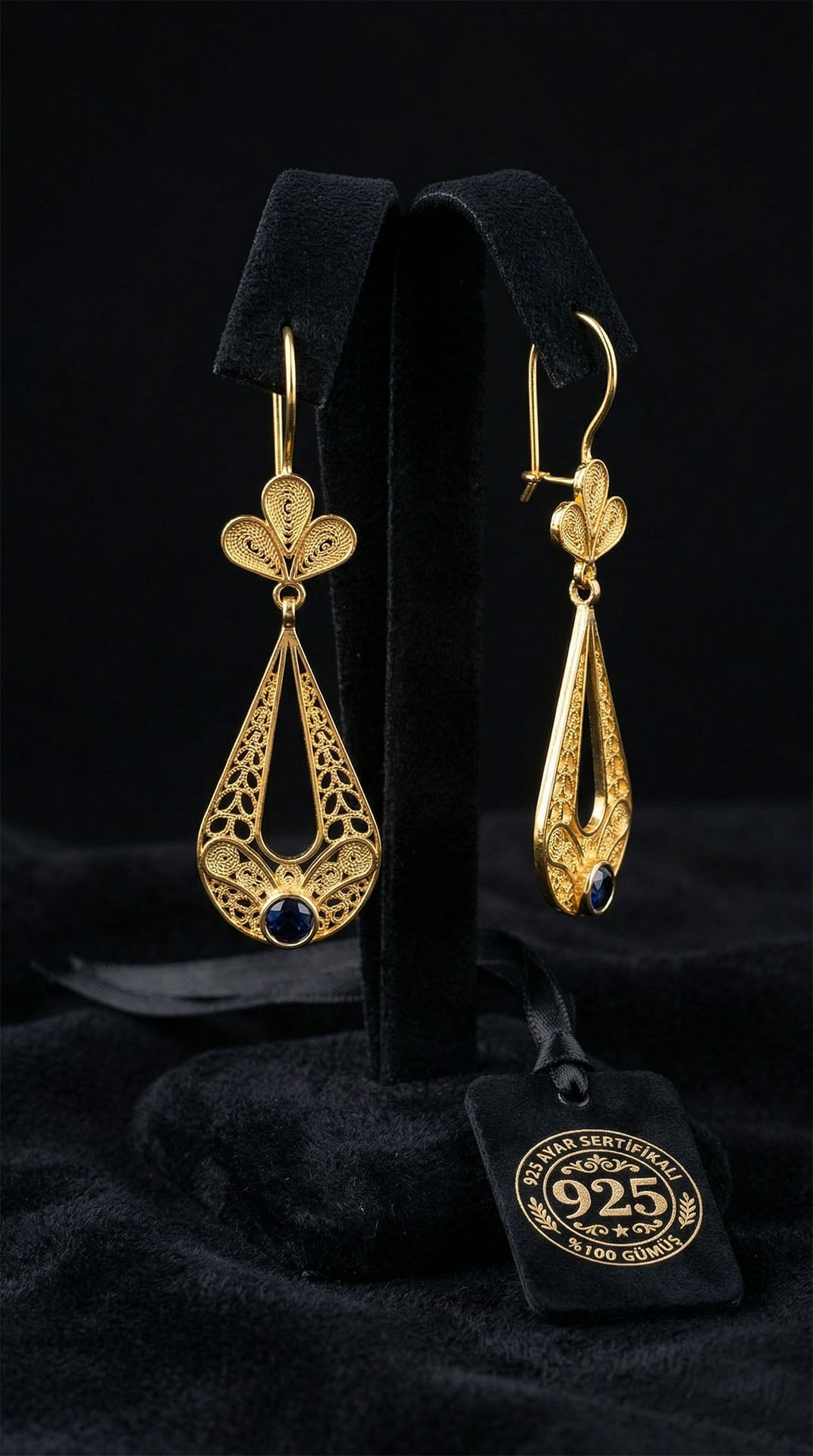 925 Sterling Silver Traditional Filigree Gold Plated Sapphire Stone Tulip Motif Teardrop Drop Earrings