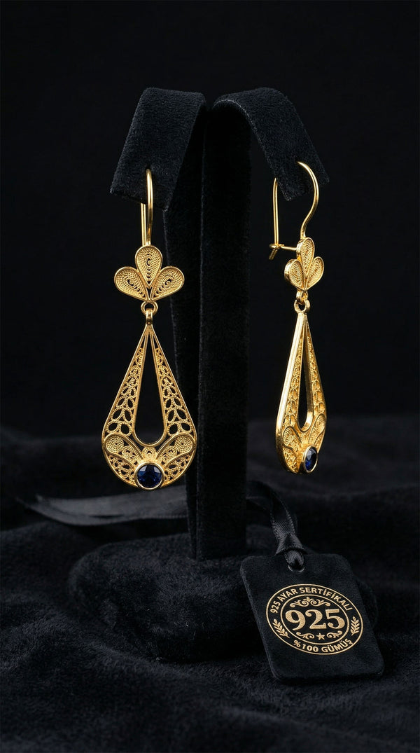 925 Sterling Silver Traditional Filigree Gold Plated Sapphire Stone Tulip Motif Teardrop Drop Earrings
