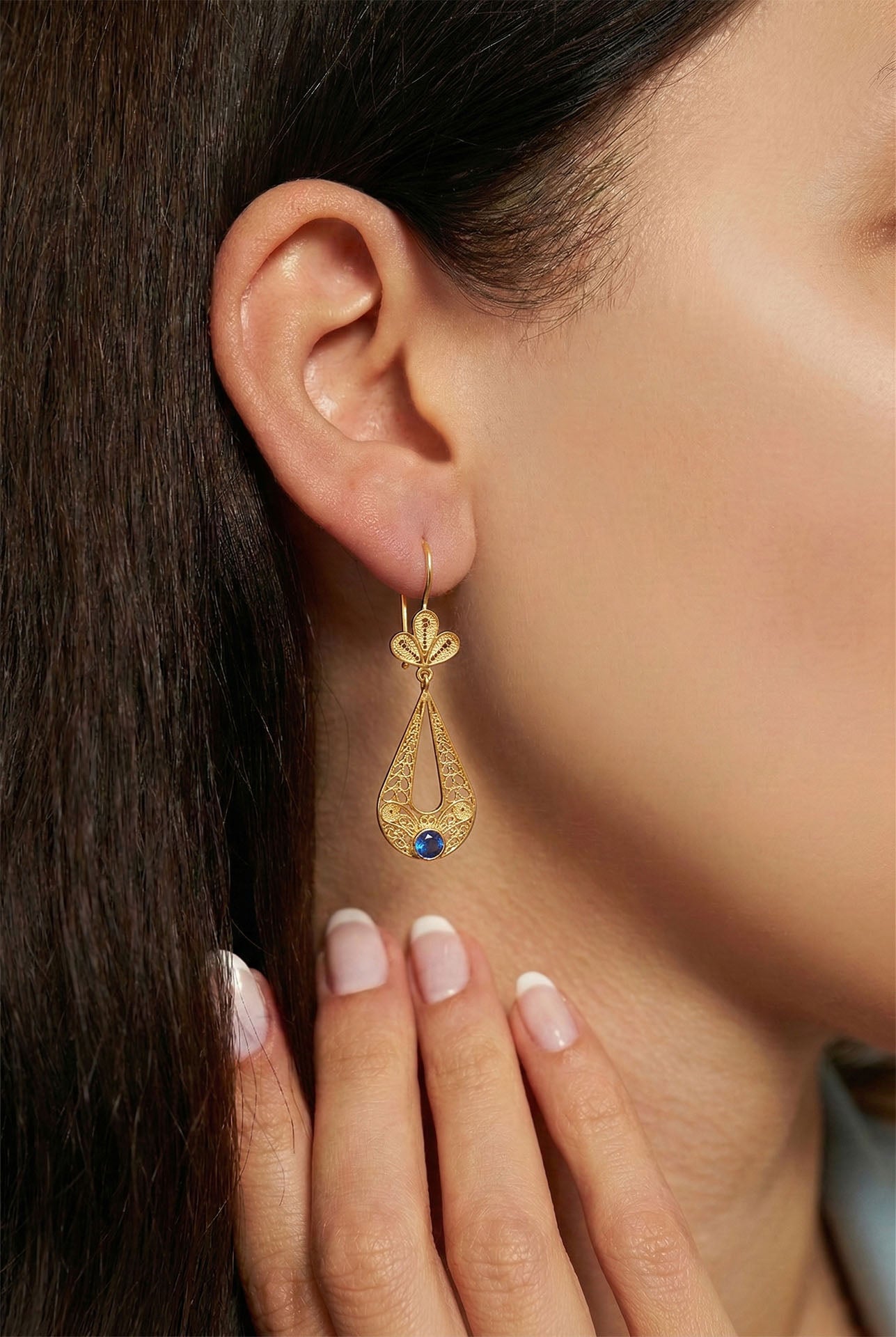 Traditional Handmade Filigree Sapphire Tulip Charm Drop Earrings Gold Plated Silver
