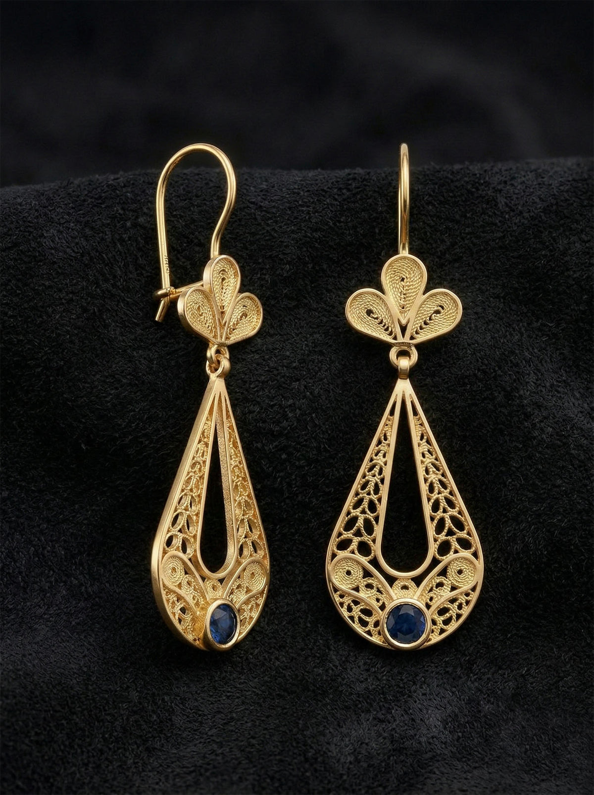 Gold Filigree Sapphire Blue Tulip Drops in 925 sterling silver - view 4