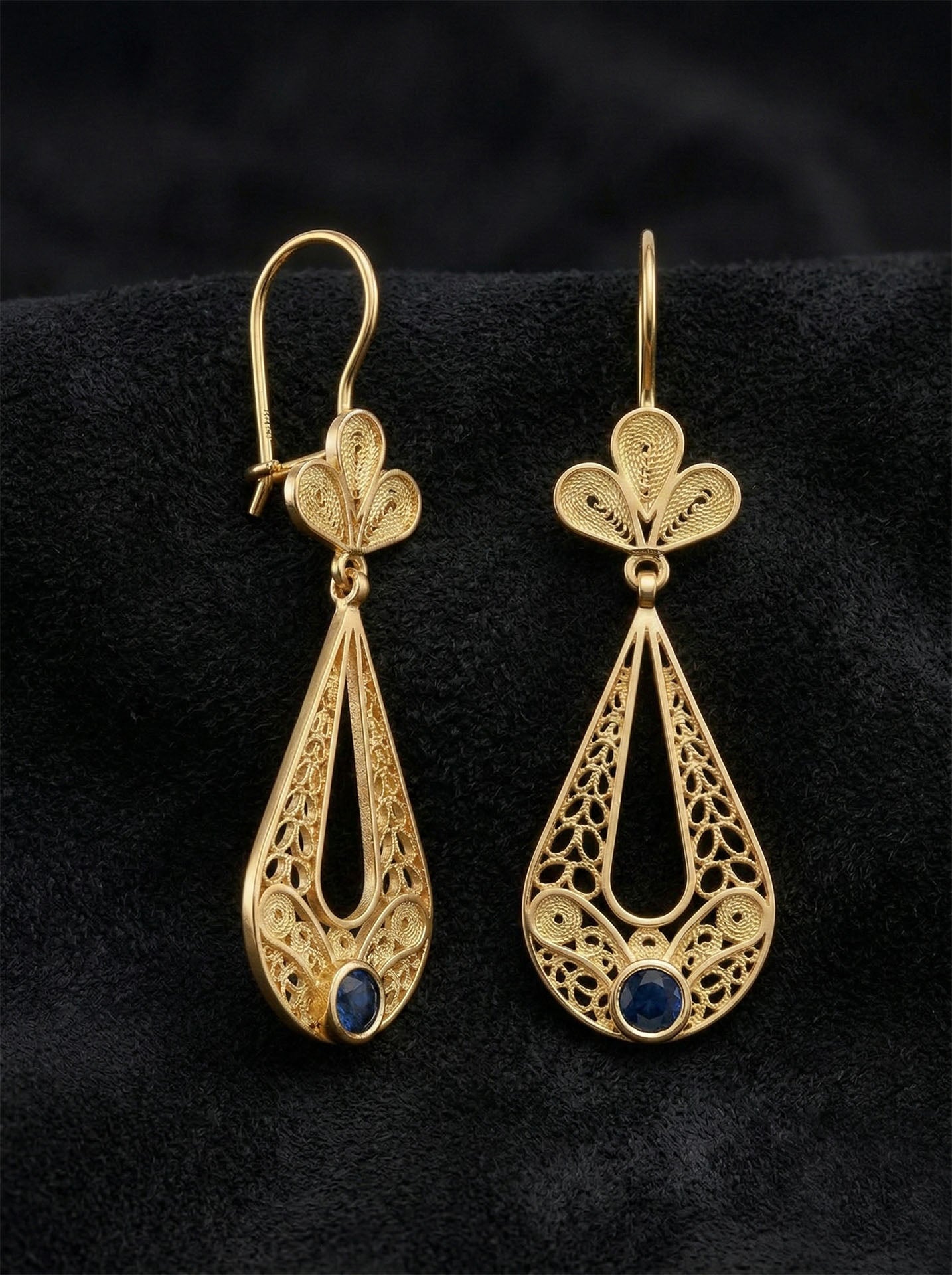 Traditional Handmade Filigree Sapphire Tulip Charm Drop Earrings Gold Plated Silver