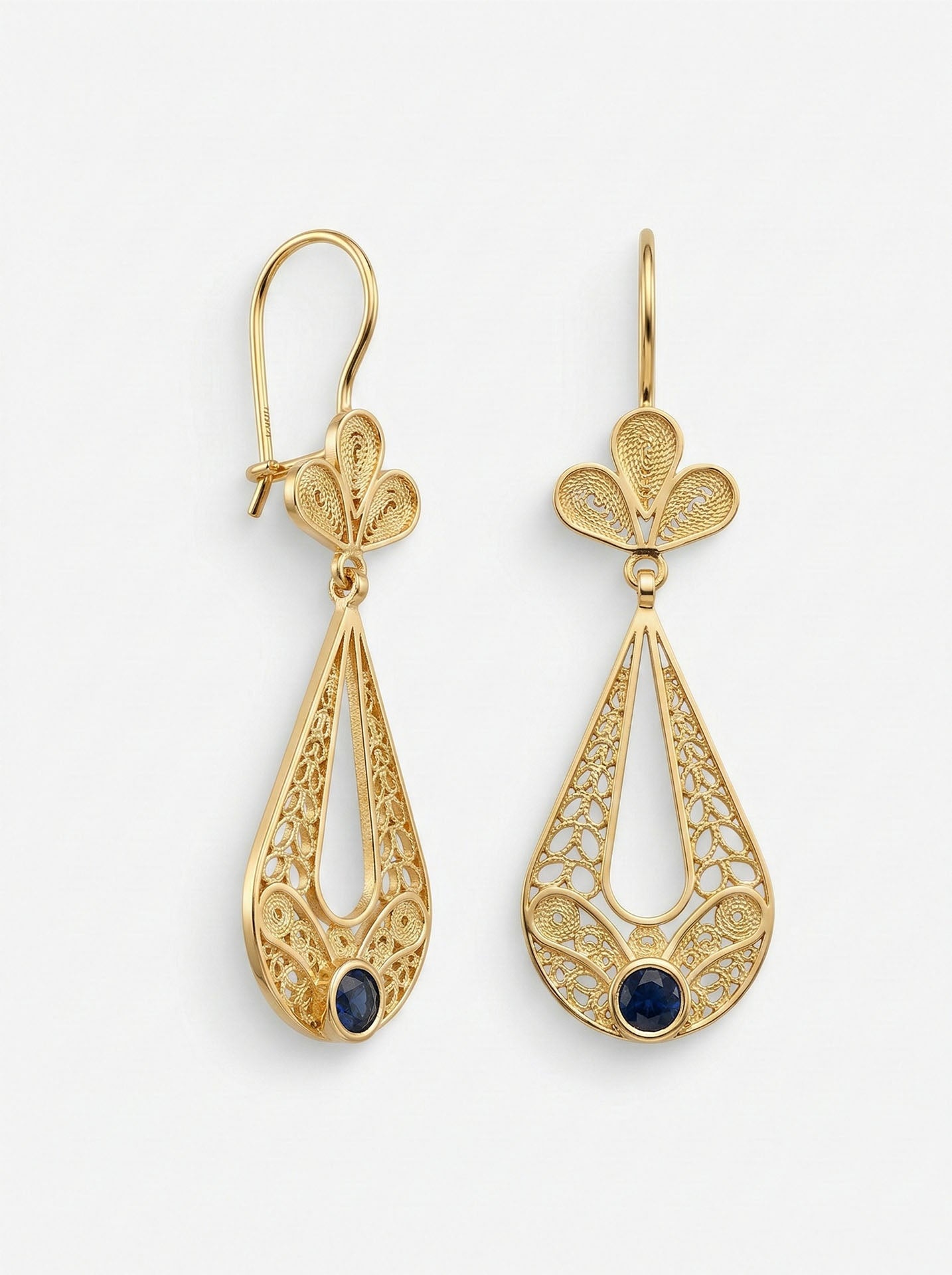 Traditional Handmade Filigree Sapphire Tulip Charm Drop Earrings Gold Plated Silver
