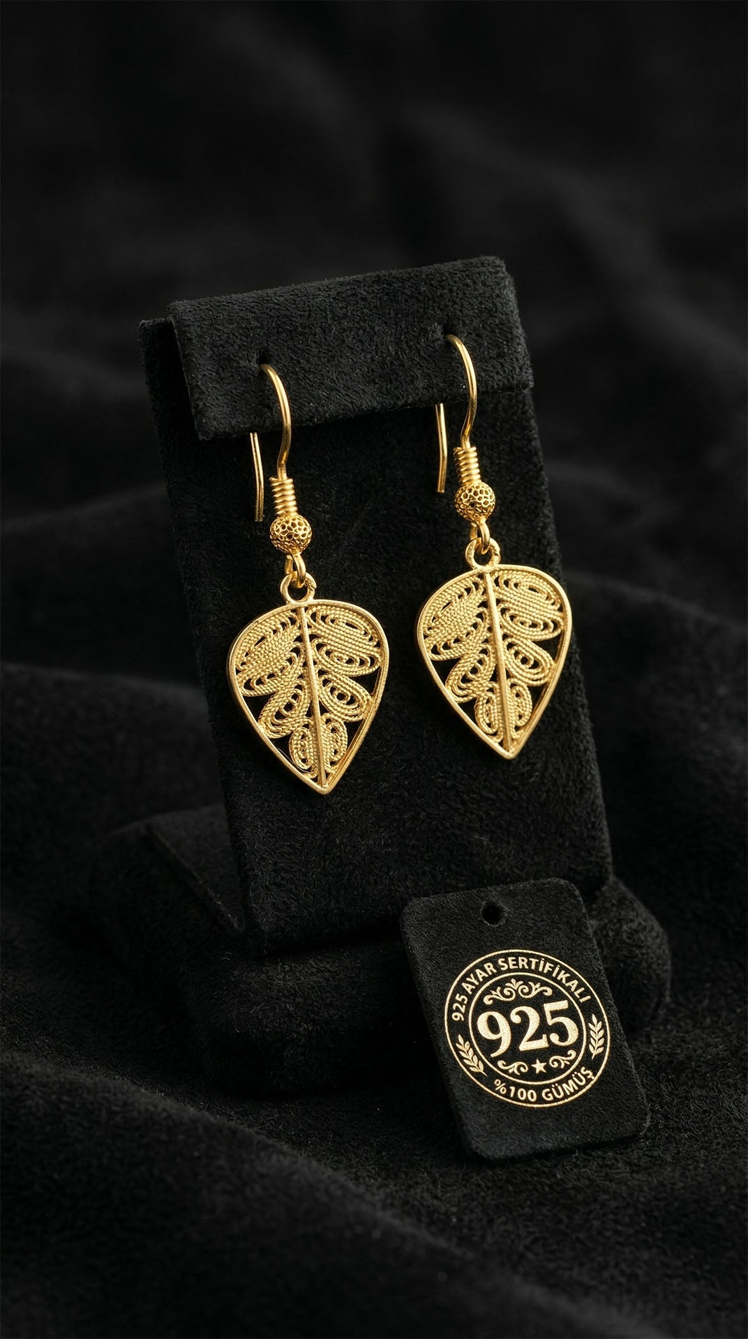 Gold Filigree Leaf Motif Drop Earrings in 925 sterling silver