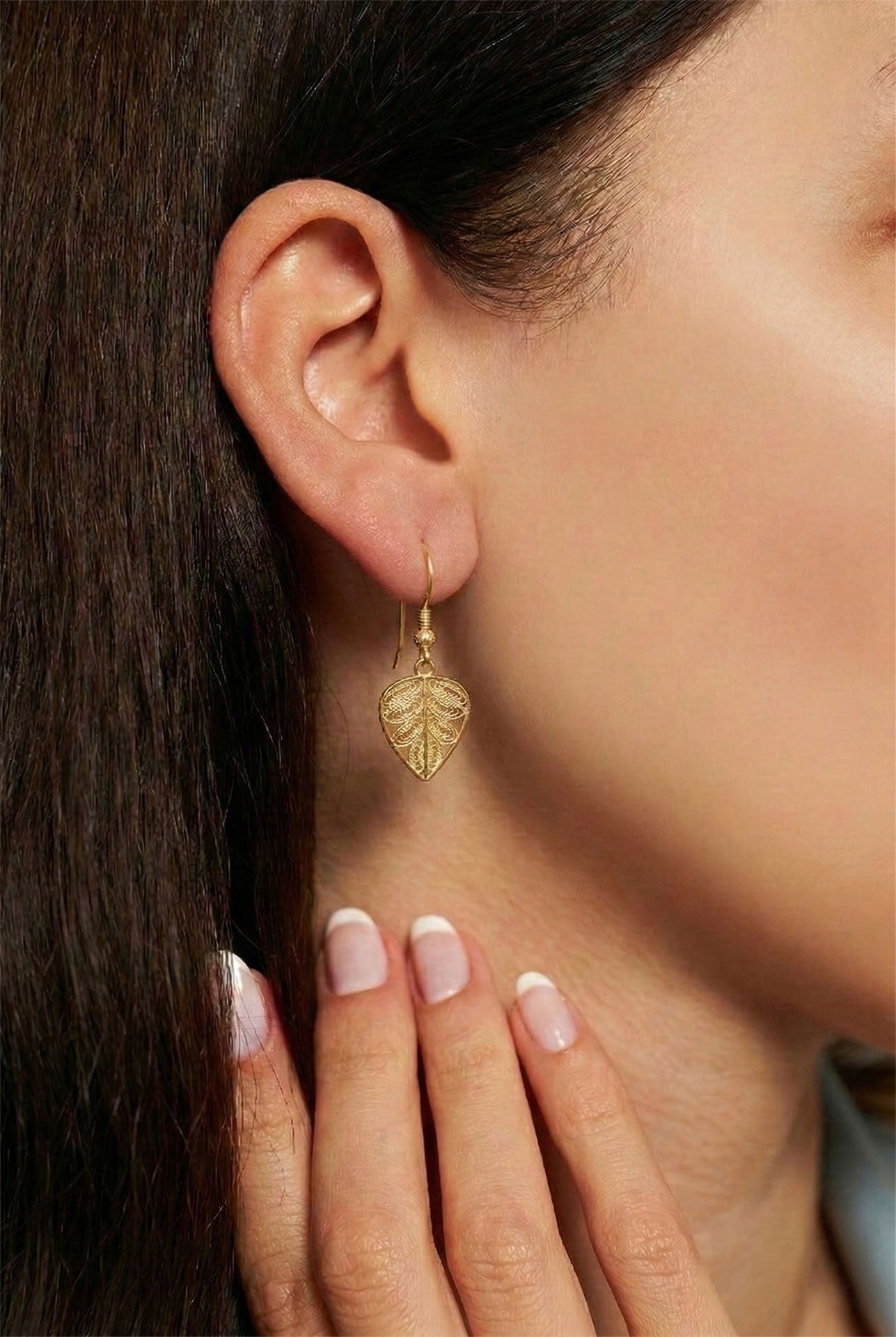 Traditional Handmade Filigree Leaf Motif Hook Earrings Gold Plated Silver