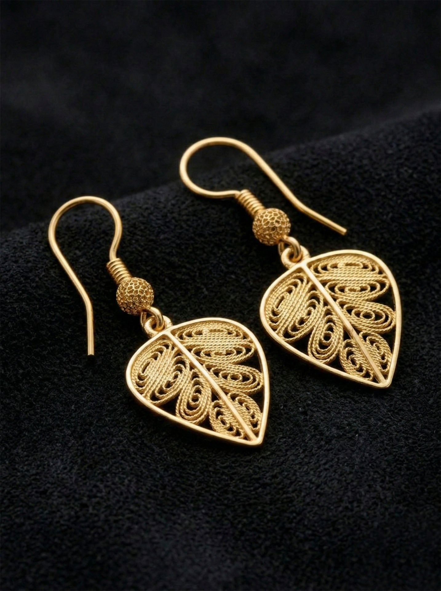 Traditional Handmade Filigree Leaf Motif Hook Earrings Gold Plated Silver