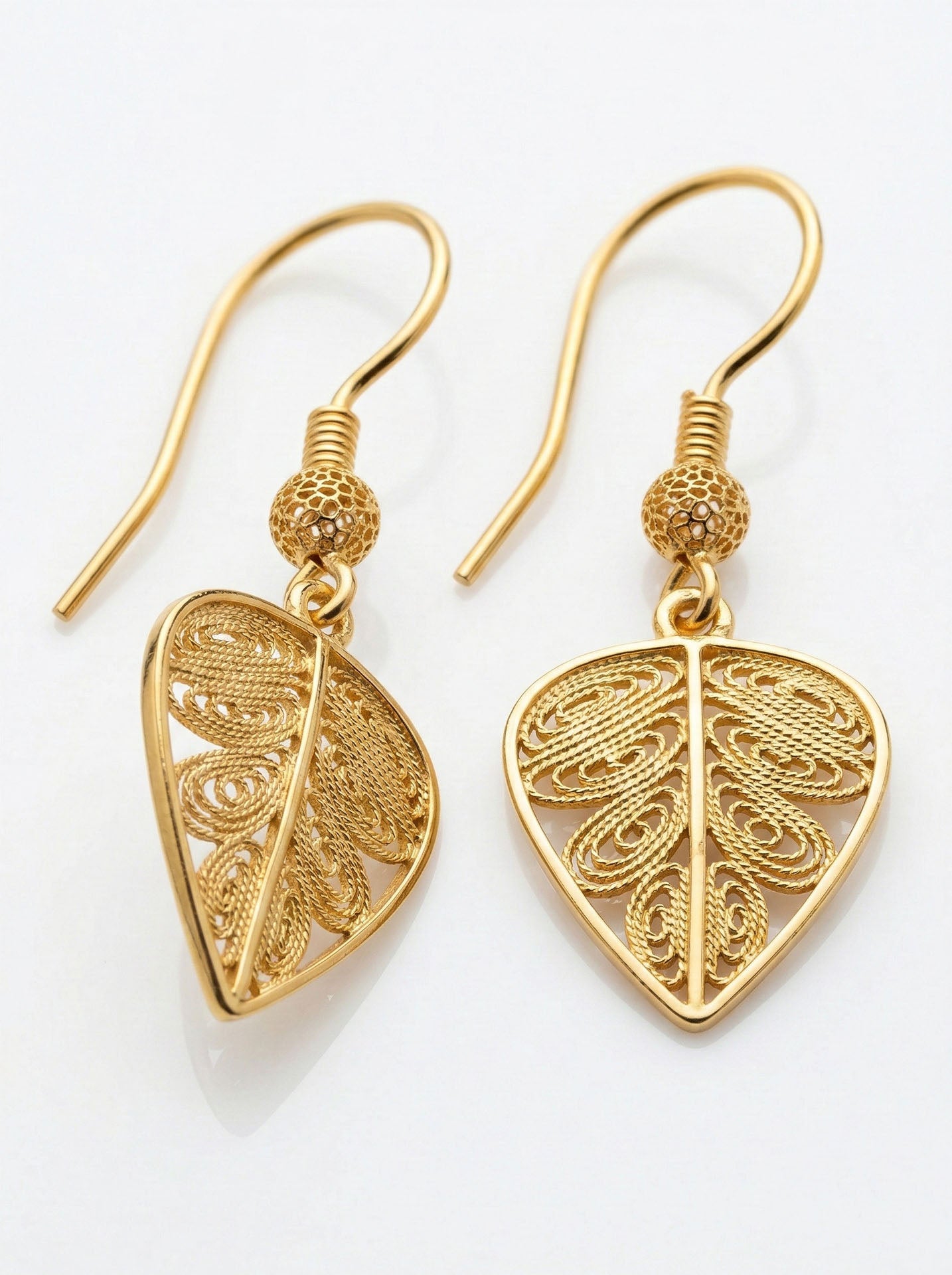 Traditional Handmade Filigree Leaf Motif Hook Earrings Gold Plated Silver