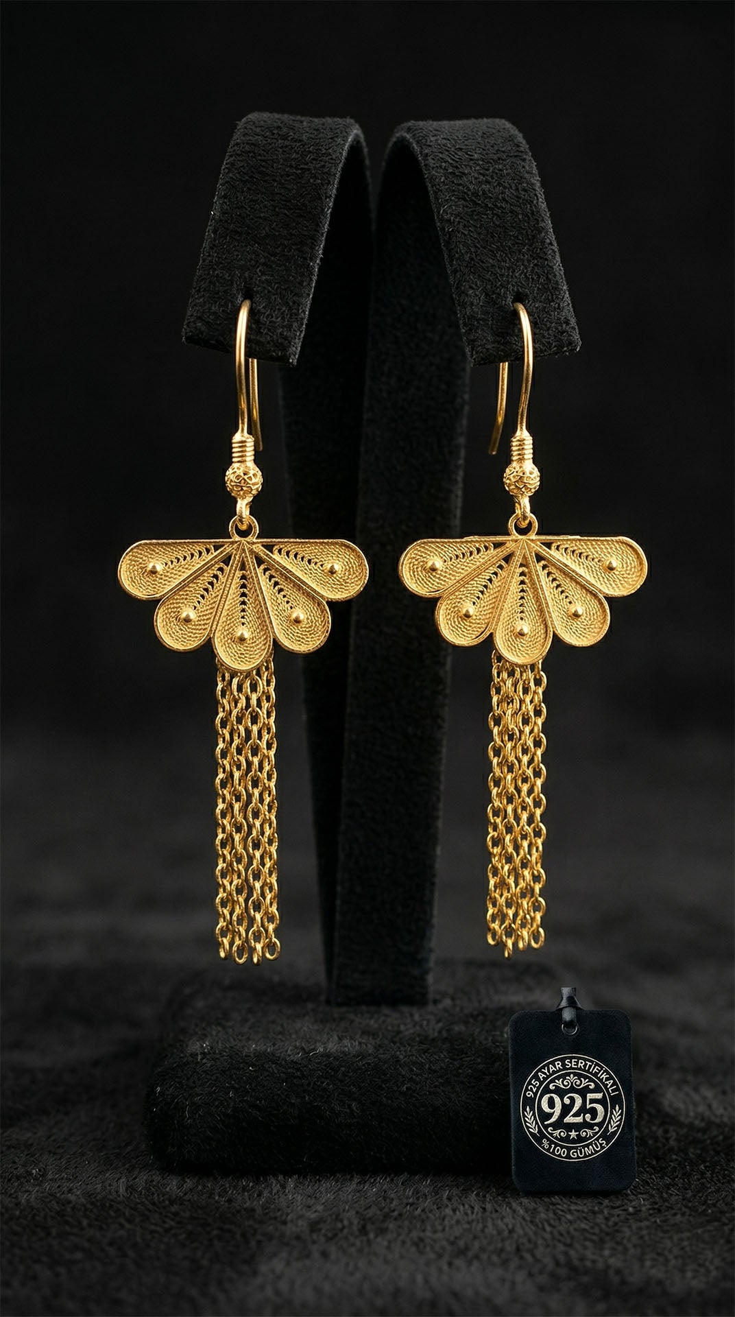 Gold Filigree Large Scallop Chain Drop Earrings in 925 sterling silver