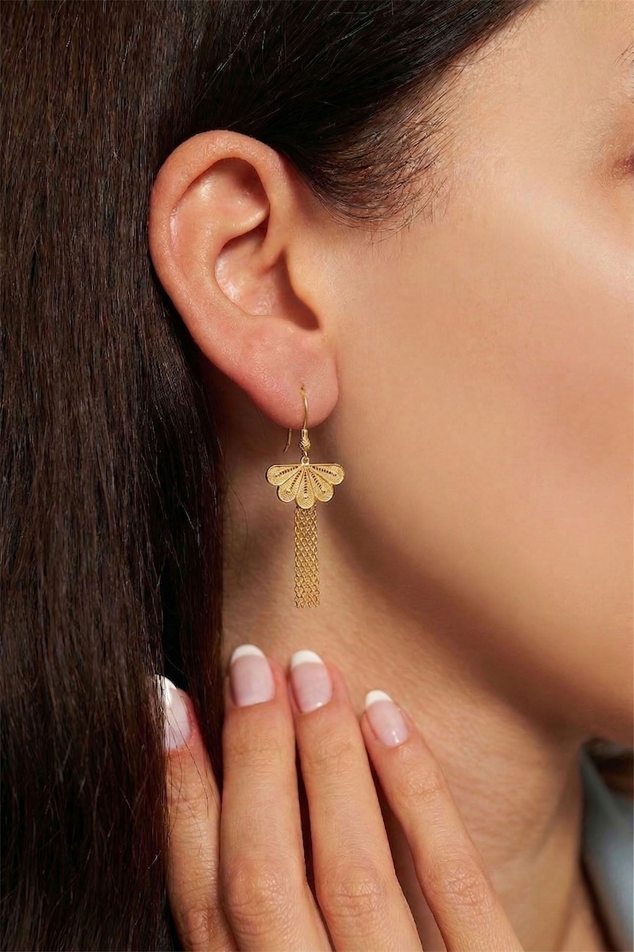 Traditional Handmade Filigree Fan Chain Dangle Earrings Gold Plated Silver – Large