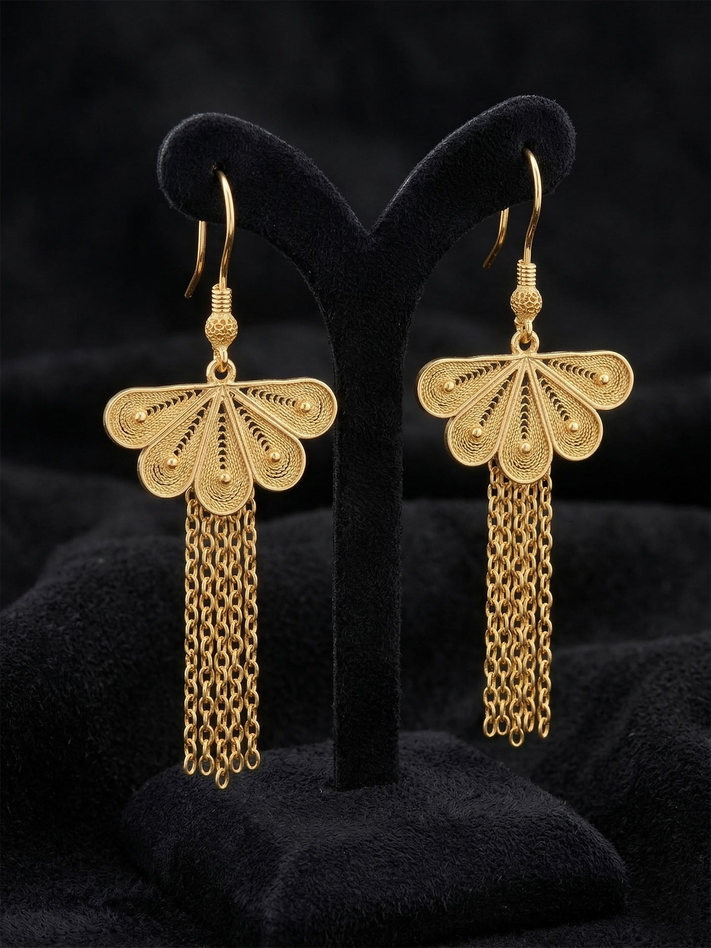 Traditional Handmade Filigree Fan Chain Dangle Earrings Gold Plated Silver – Large