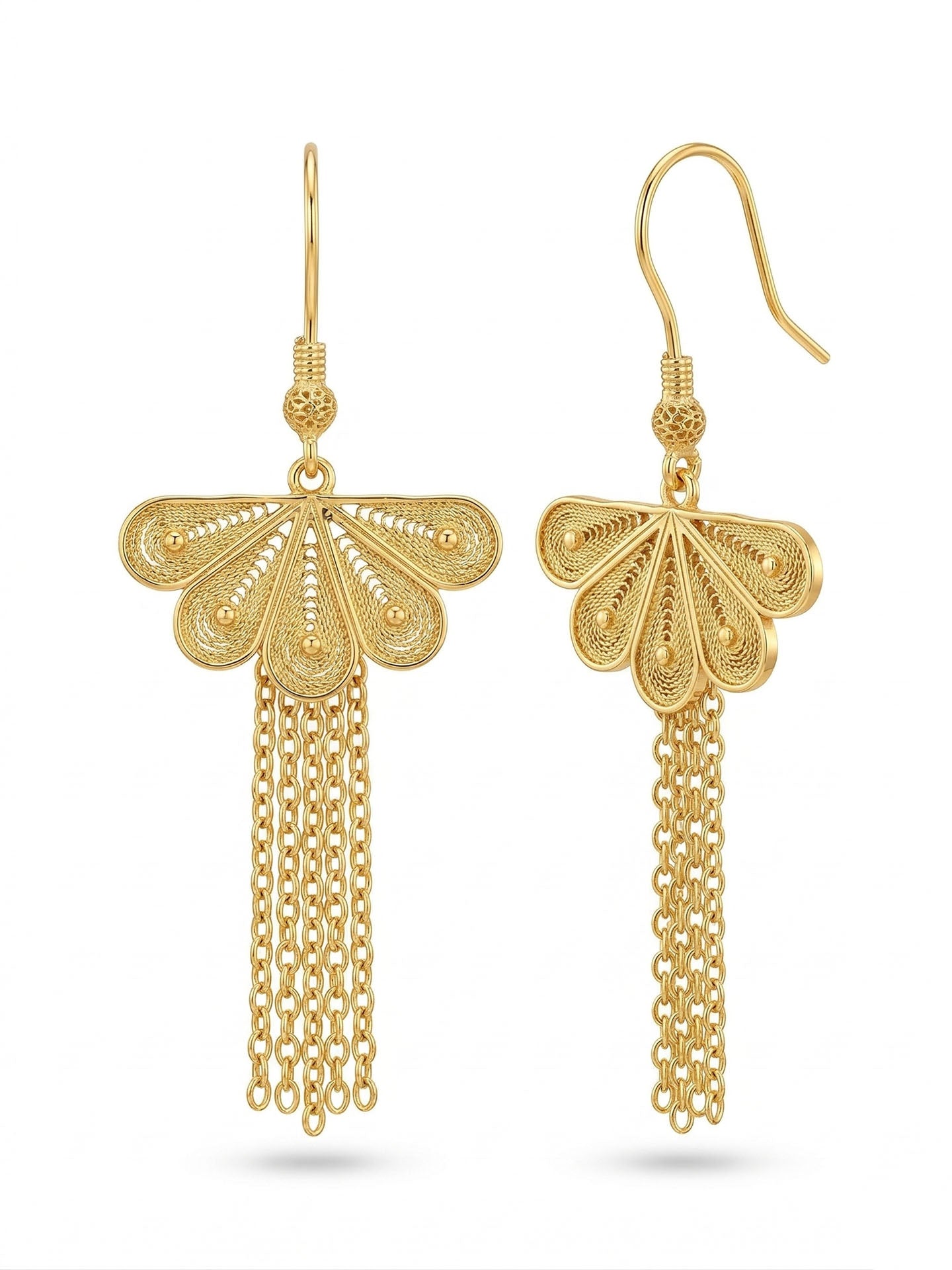Traditional Handmade Filigree Fan Chain Dangle Earrings Gold Plated Silver – Large