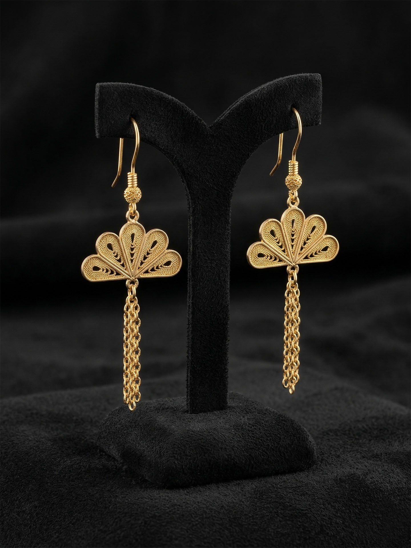 Traditional Handmade Filigree Fan Chain Dangle Earrings Gold Plated Silver – Small