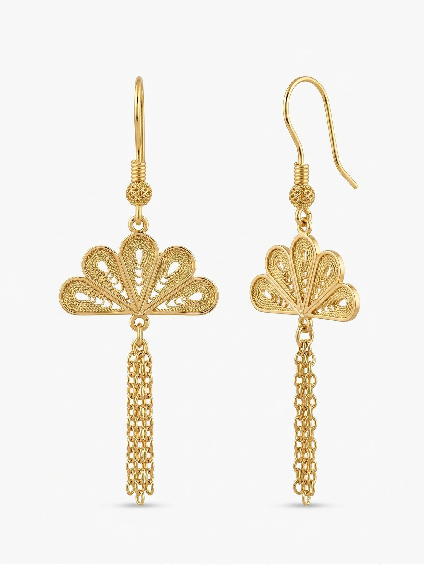 Traditional Handmade Filigree Fan Chain Dangle Earrings Gold Plated Silver – Small