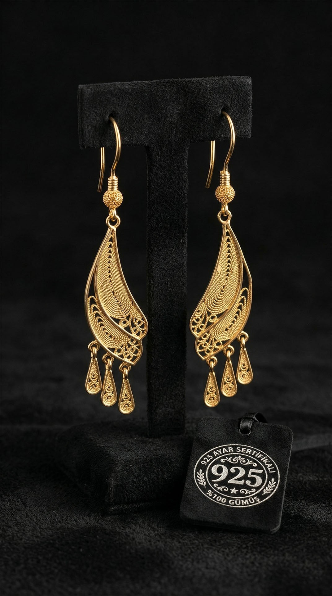 Gold Filigree Dragonfly Wing Drop Earrings in 925 sterling silver